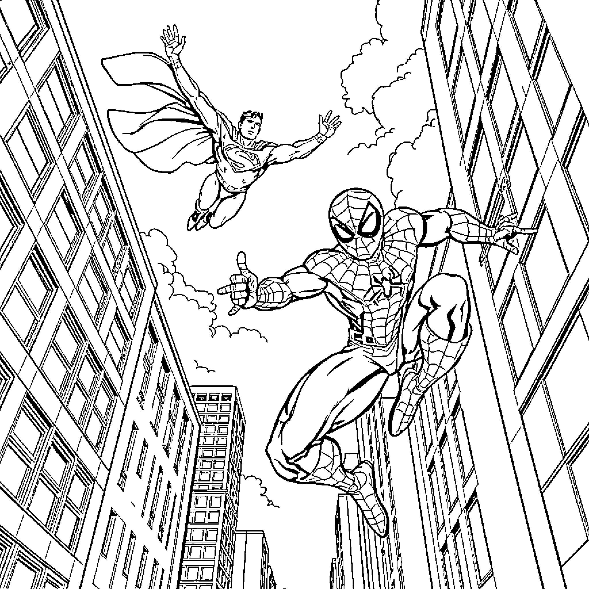 Superheroes Soaring Through the City Skyline Coloring Page (free black-and-white line drawing printable PDF for all, from beginners to advanced learners, including children, teens, adults, and seniors)