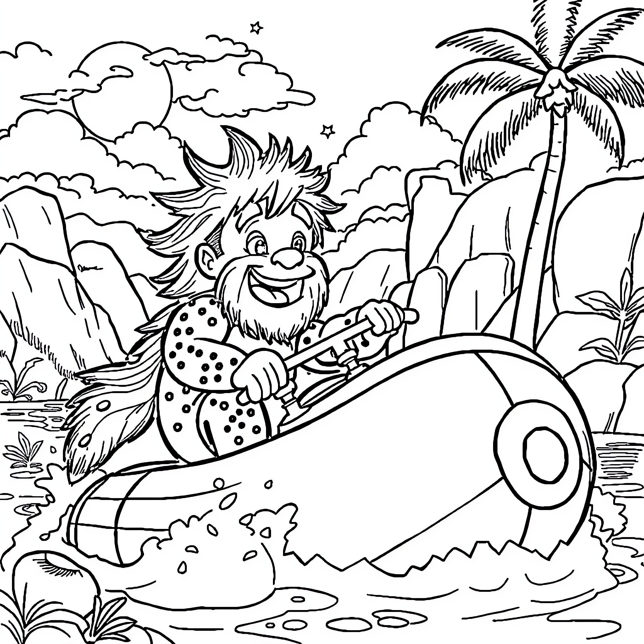 Esqueleto's Tropical Adventure Coloring Page (free black-and-white line drawing printable PDF for all, from beginners to advanced learners, including children, teens, adults, and seniors)