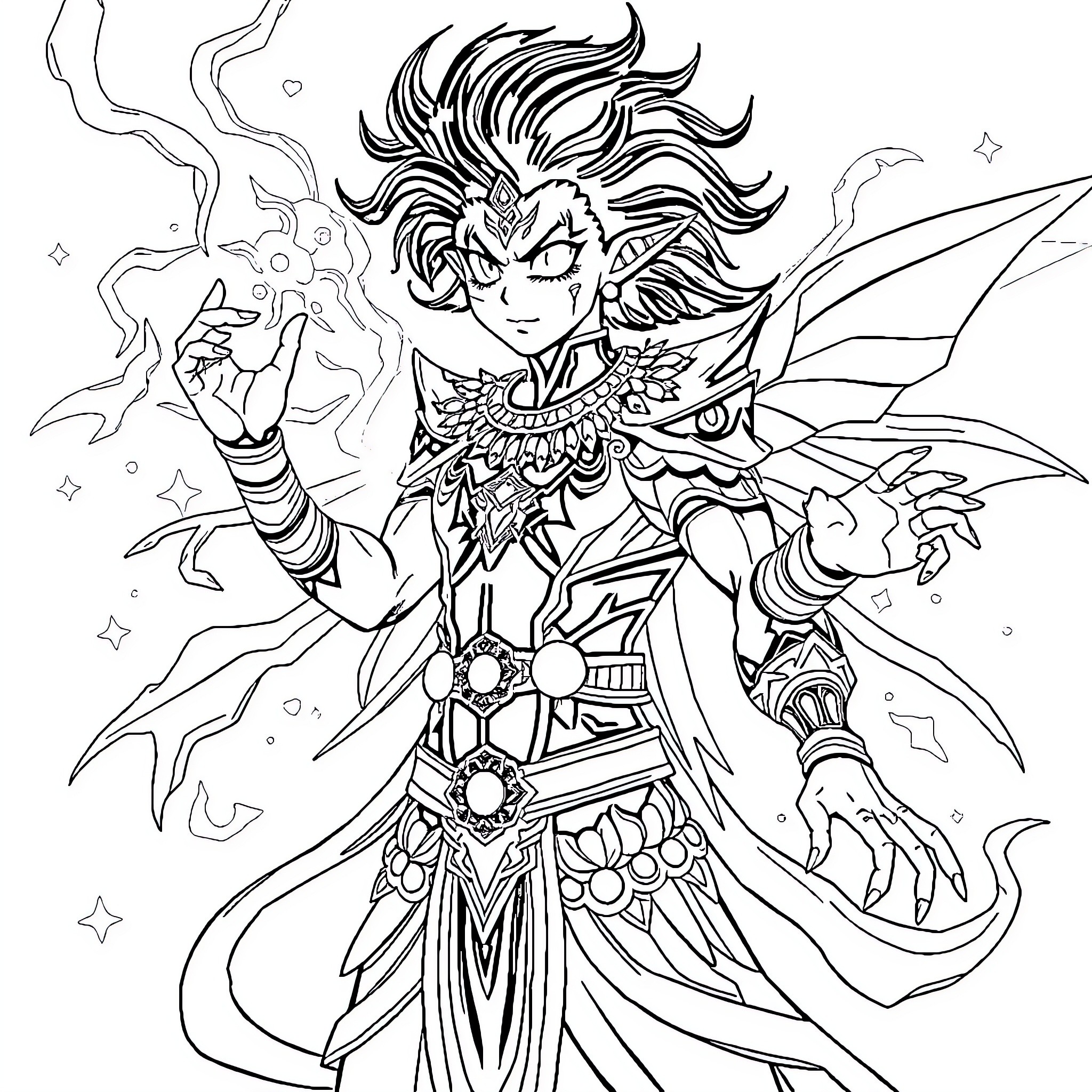 Anamil enchanting fantasy warrior in dramatic pose Coloring Page (free black-and-white line drawing printable PDF for all, from beginners to advanced learners, including children, teens, adults, and seniors)