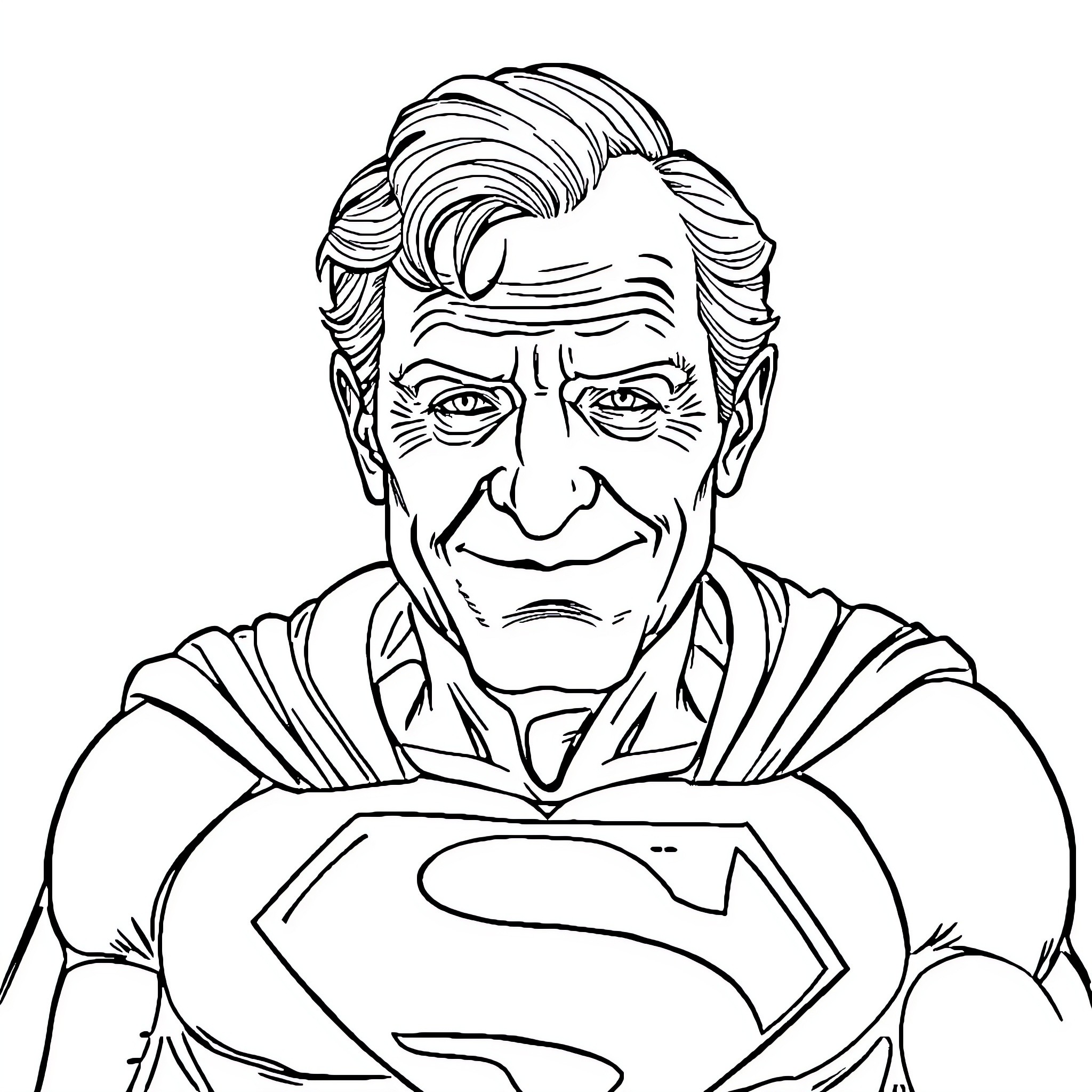 Superman's Determined Expression in Costume Coloring Page (free black-and-white line drawing printable PDF for all, from beginners to advanced learners, including children, teens, adults, and seniors)