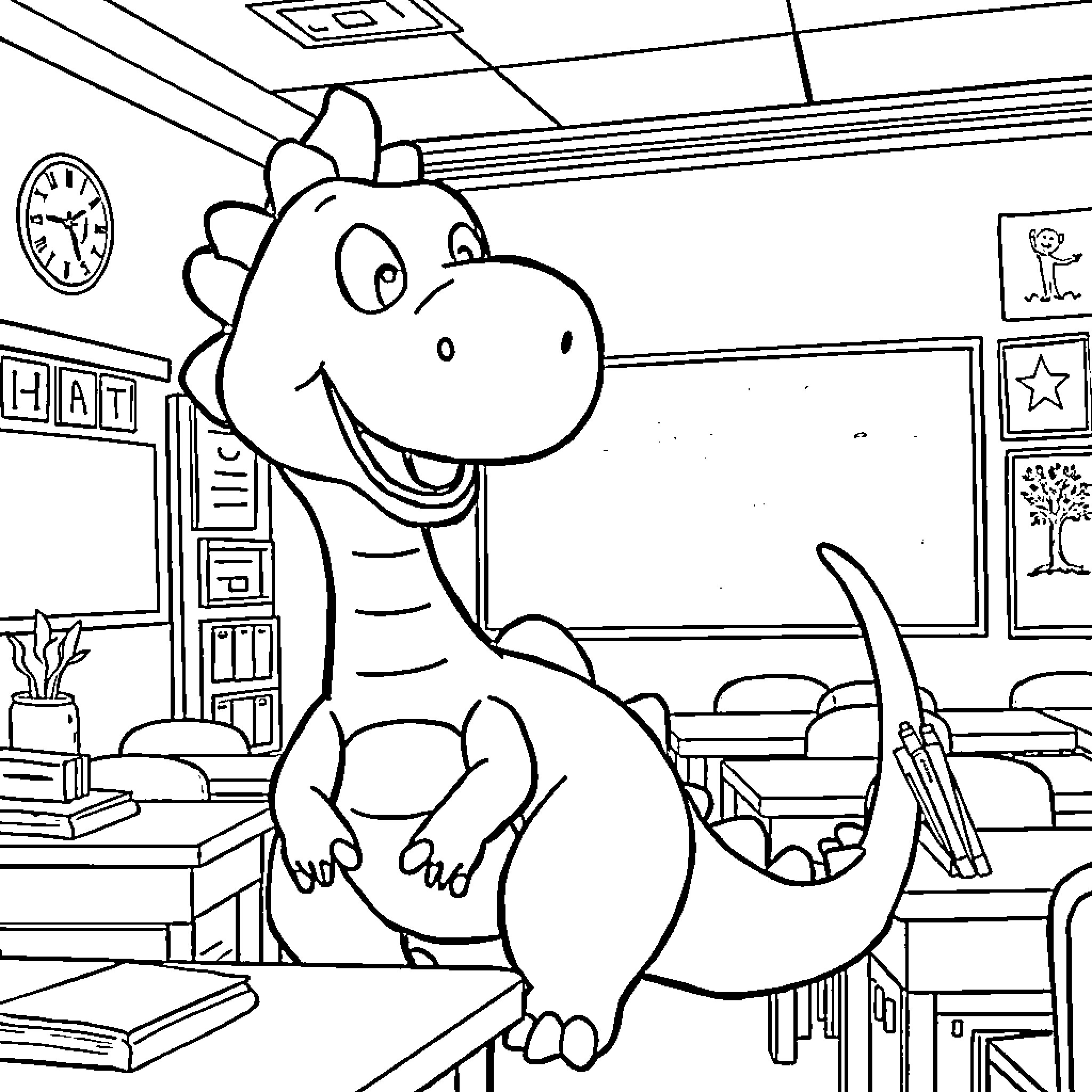 Barney the Dinosaur in the Classroom Coloring Page (free black-and-white line drawing printable PDF for all, from beginners to advanced learners, including children, teens, adults, and seniors)
