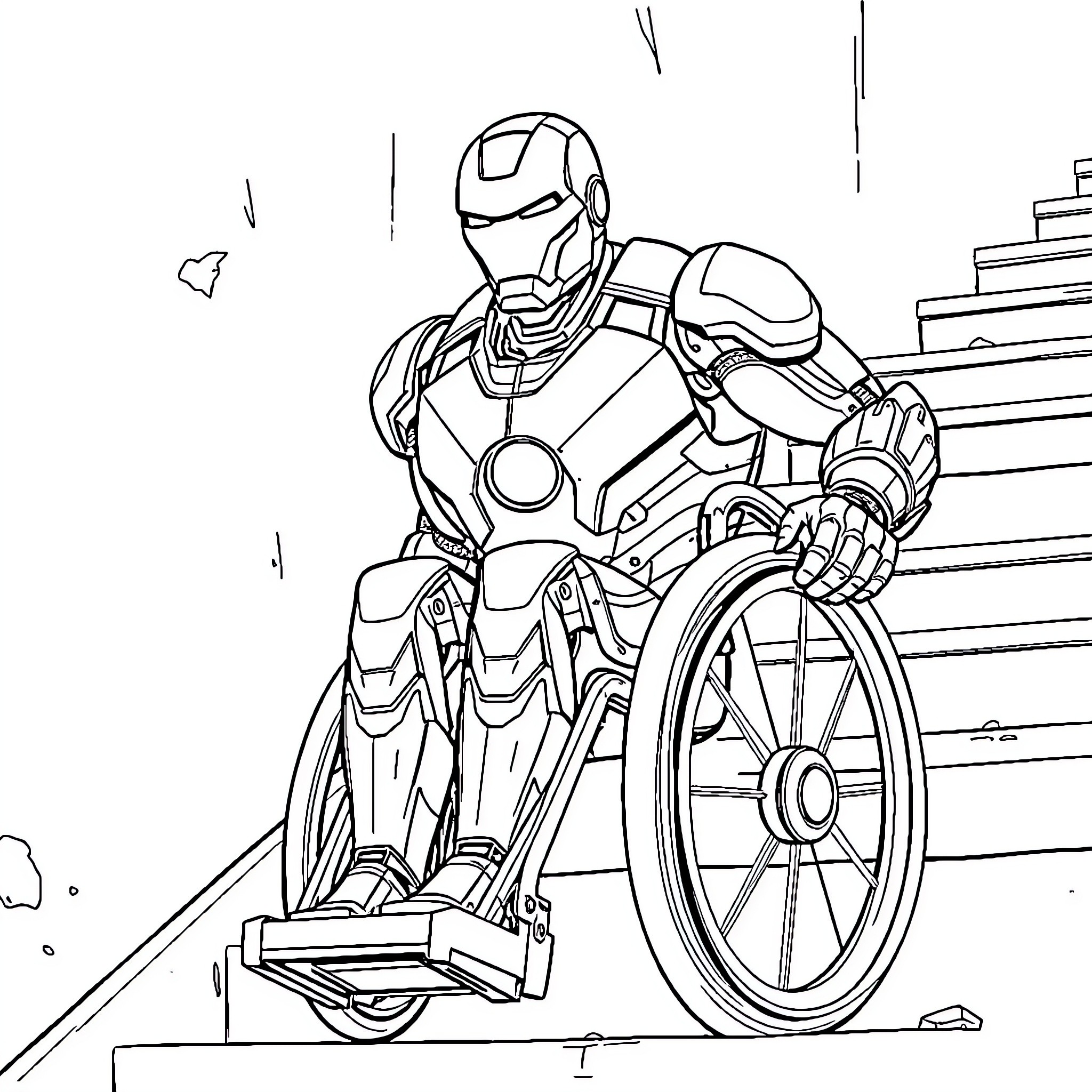 Iron Man Wheelchair-Bound Hero Traversing Obstacles Coloring Page (free black-and-white line drawing printable PDF for all, from beginners to advanced learners, including children, teens, adults, and seniors)