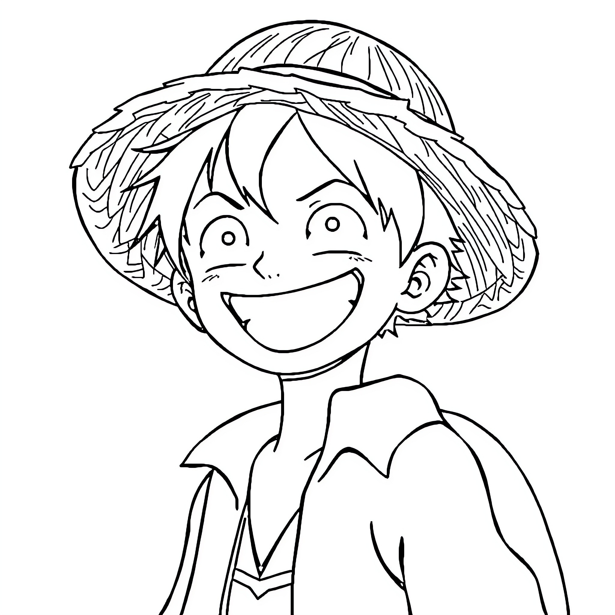 Luffy's Adventurous Grin and Straw Hat Coloring Page (free black-and-white line drawing printable PDF for all, from beginners to advanced learners, including children, teens, adults, and seniors)