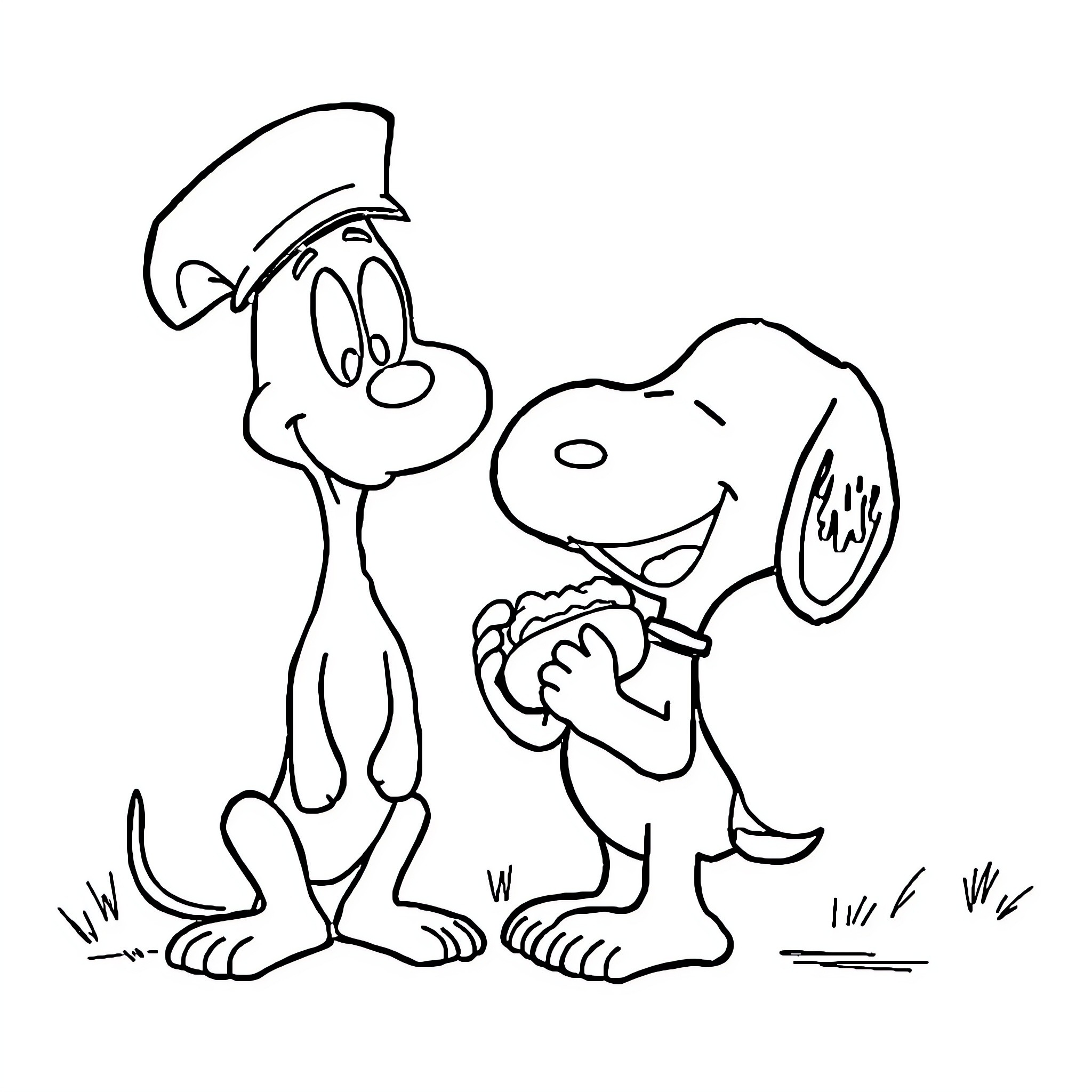 Snoopy and Woodstock playing together happily Coloring Page (free black-and-white line drawing printable PDF for all, from beginners to advanced learners, including children, teens, adults, and seniors)