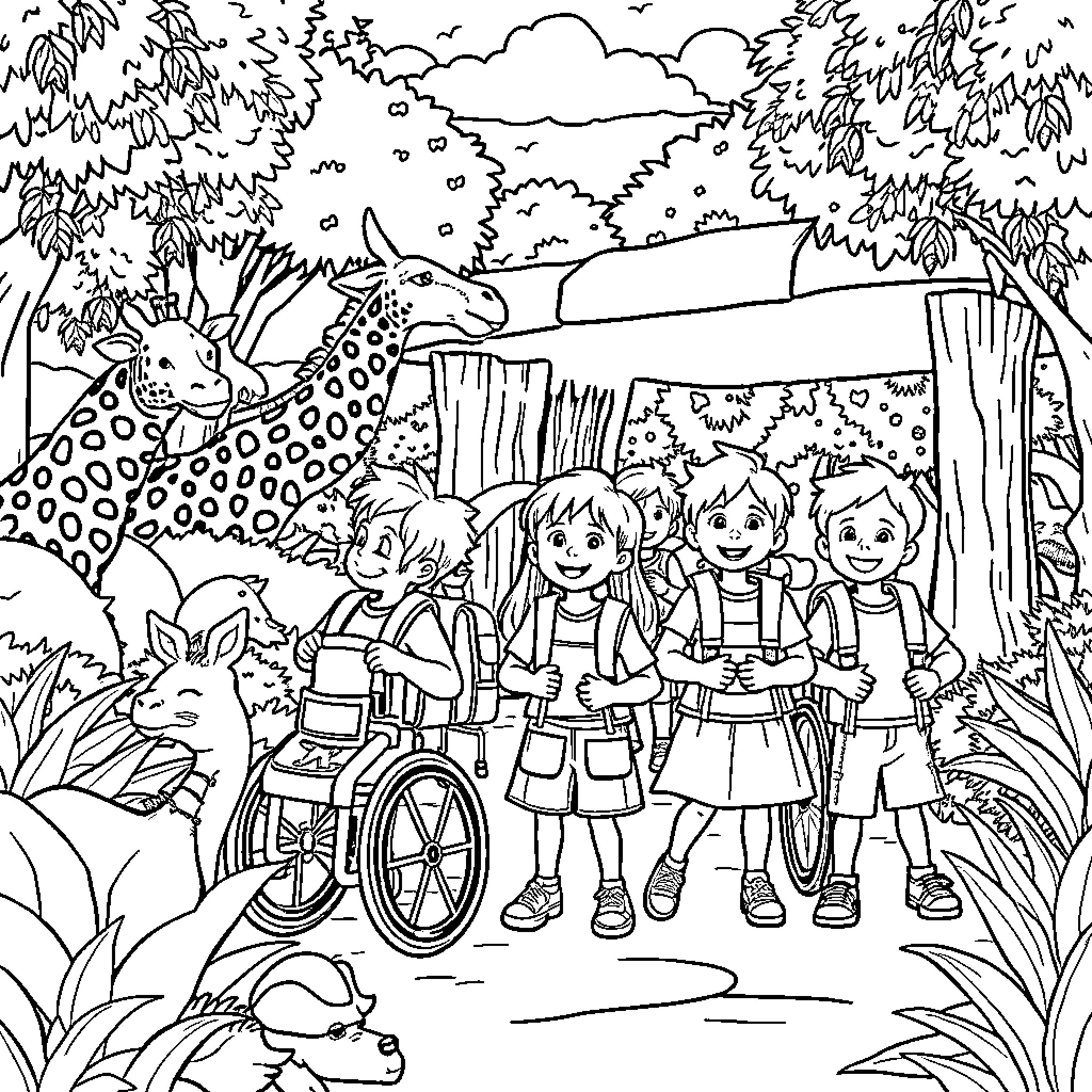 Child Exploring Nature's Wonders with Friends Coloring Page (free black-and-white line drawing printable PDF for all, from beginners to advanced learners, including children, teens, adults, and seniors)