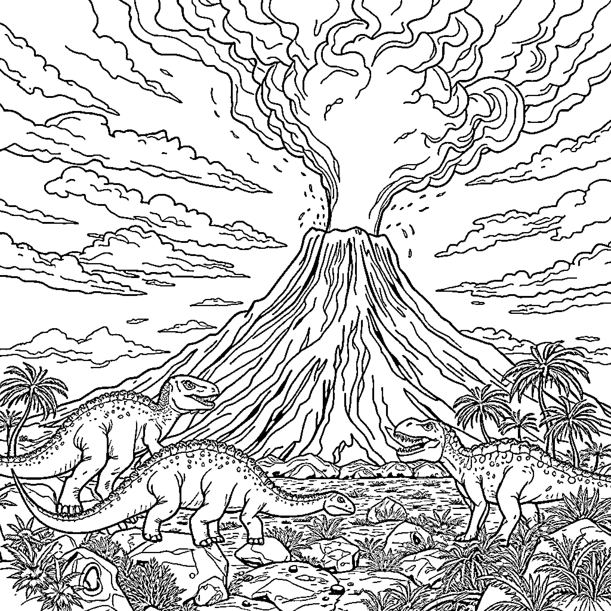 Volcano erupting with dinosaurs in the prehistoric landscape Coloring Page (free black-and-white line drawing printable PDF for all, from beginners to advanced learners, including children, teens, adults, and seniors)
