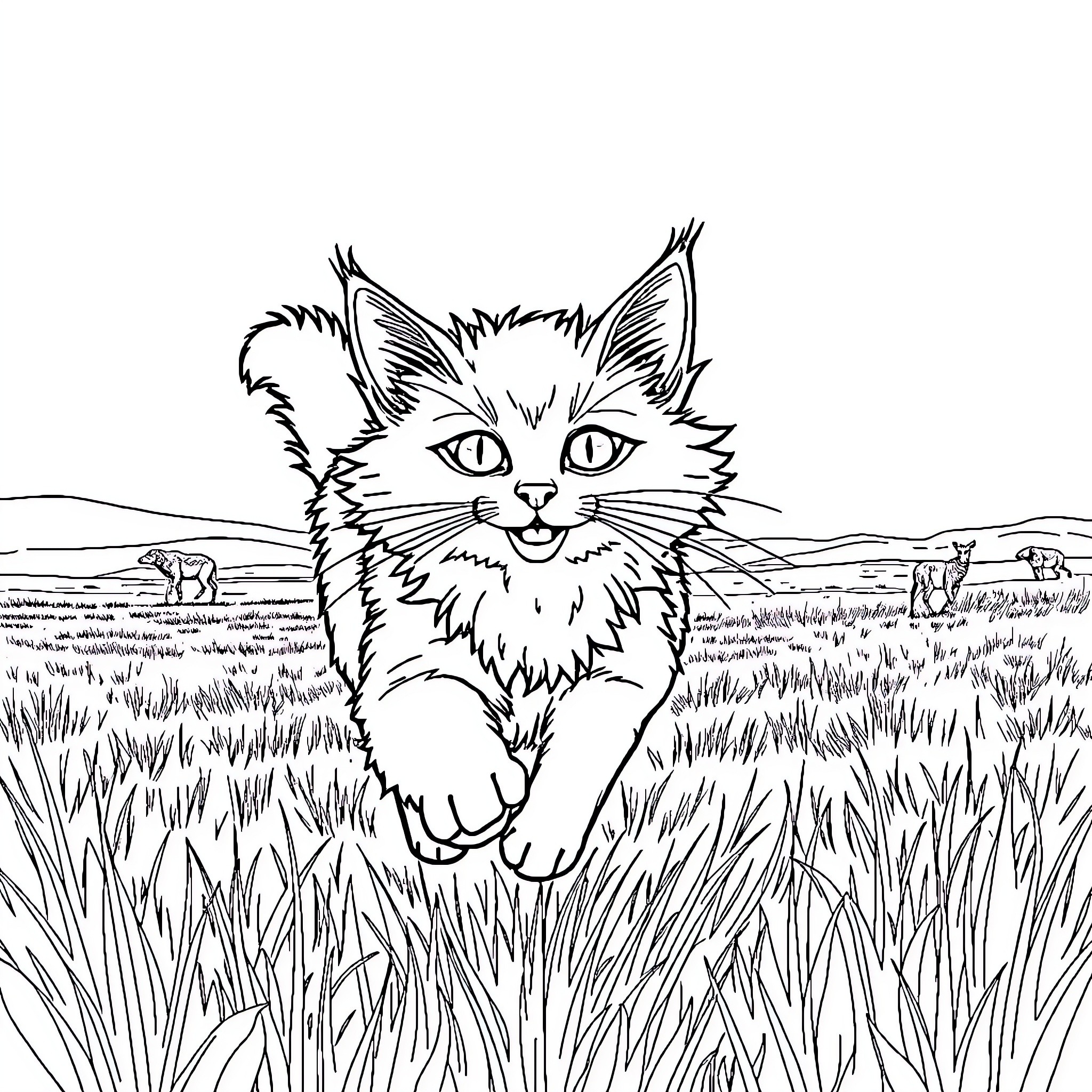 Birman Cat exploring the open field Coloring Page (free black-and-white line drawing printable PDF for all, from beginners to advanced learners, including children, teens, adults, and seniors)