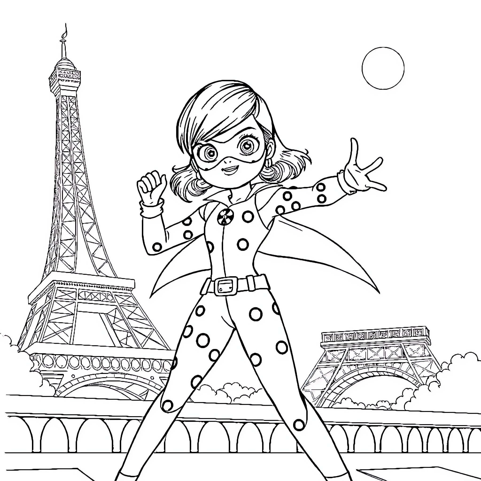 Ladybug exploring the streets of Paris Coloring Page (free black-and-white line drawing printable PDF for all, from beginners to advanced learners, including children, teens, adults, and seniors)