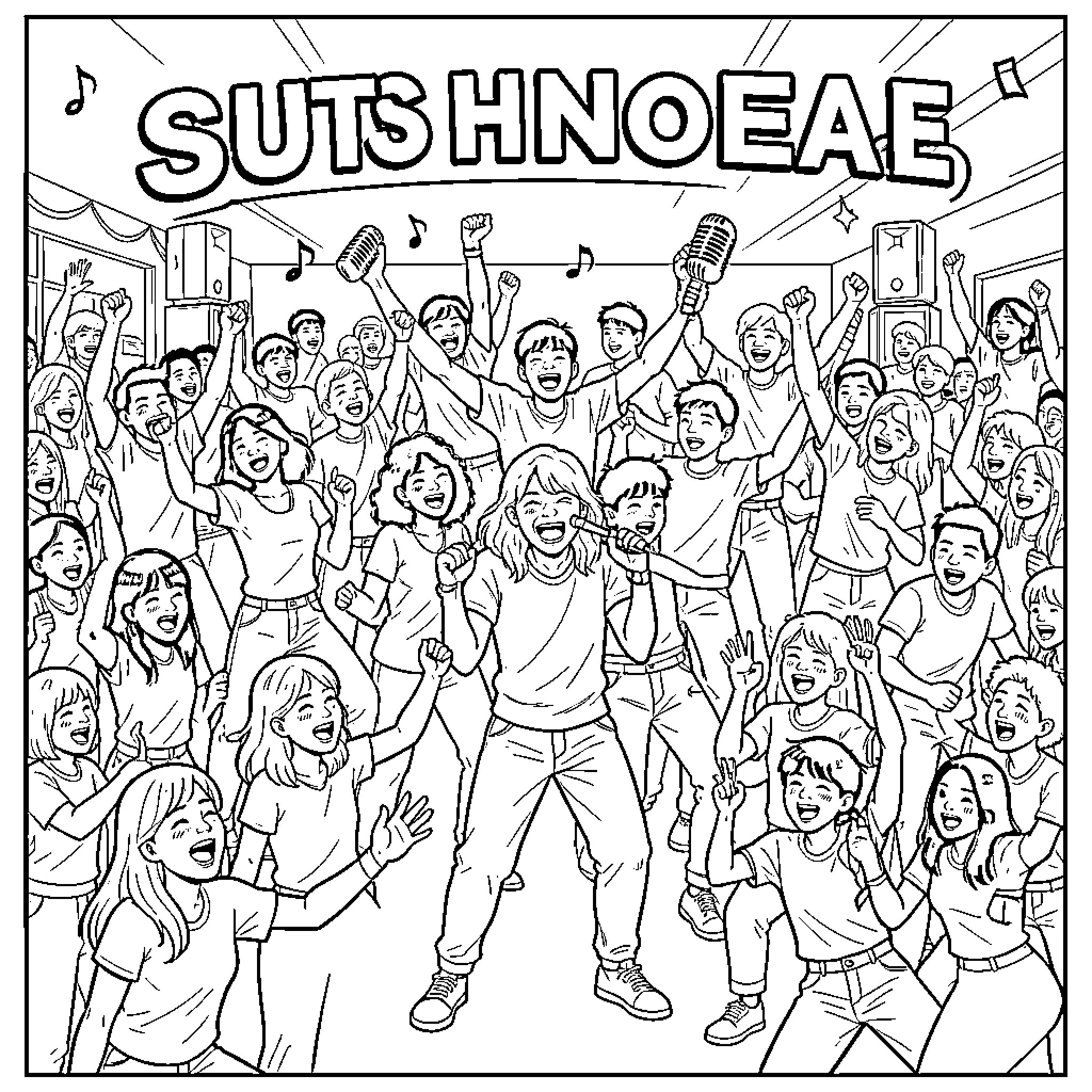 K Pop idols performing enthusiastically on stage with microphones Coloring Page (free black-and-white line drawing printable PDF for all, from beginners to advanced learners, including children, teens, adults, and seniors)