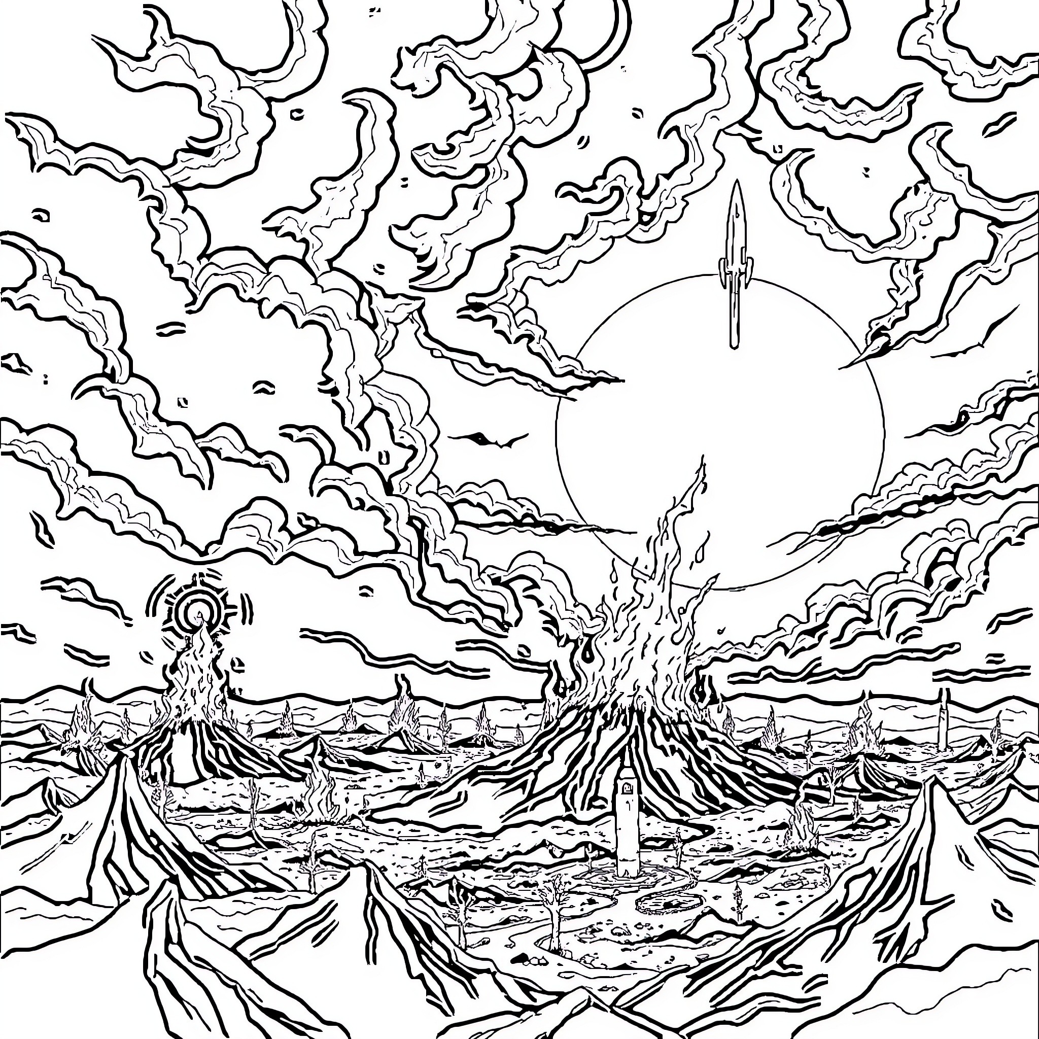End of the World Apocalyptic Landscape with Volcanoes Coloring Page (free black-and-white line drawing printable PDF for all, from beginners to advanced learners, including children, teens, adults, and seniors)