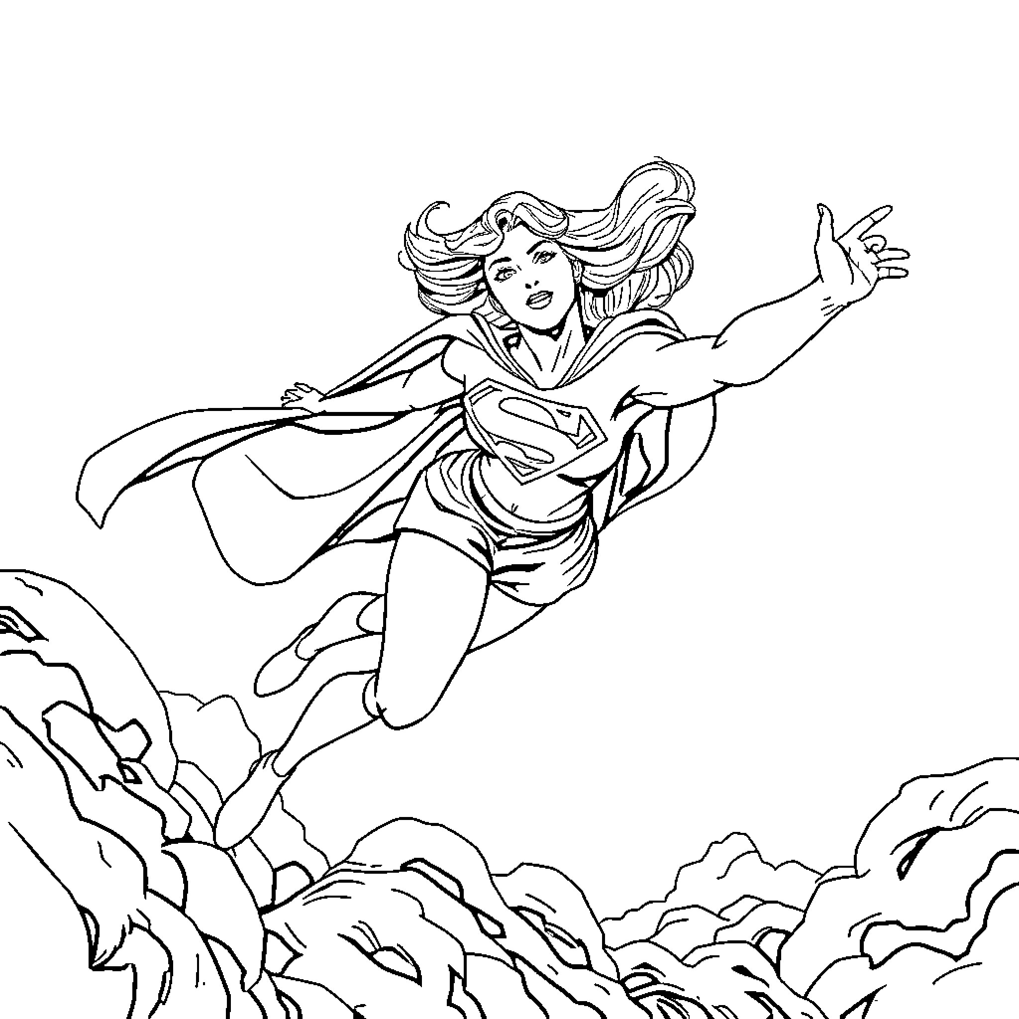 Super Girl heroically soaring through the sky Coloring Page (free black-and-white line drawing printable PDF for all, from beginners to advanced learners, including children, teens, adults, and seniors)
