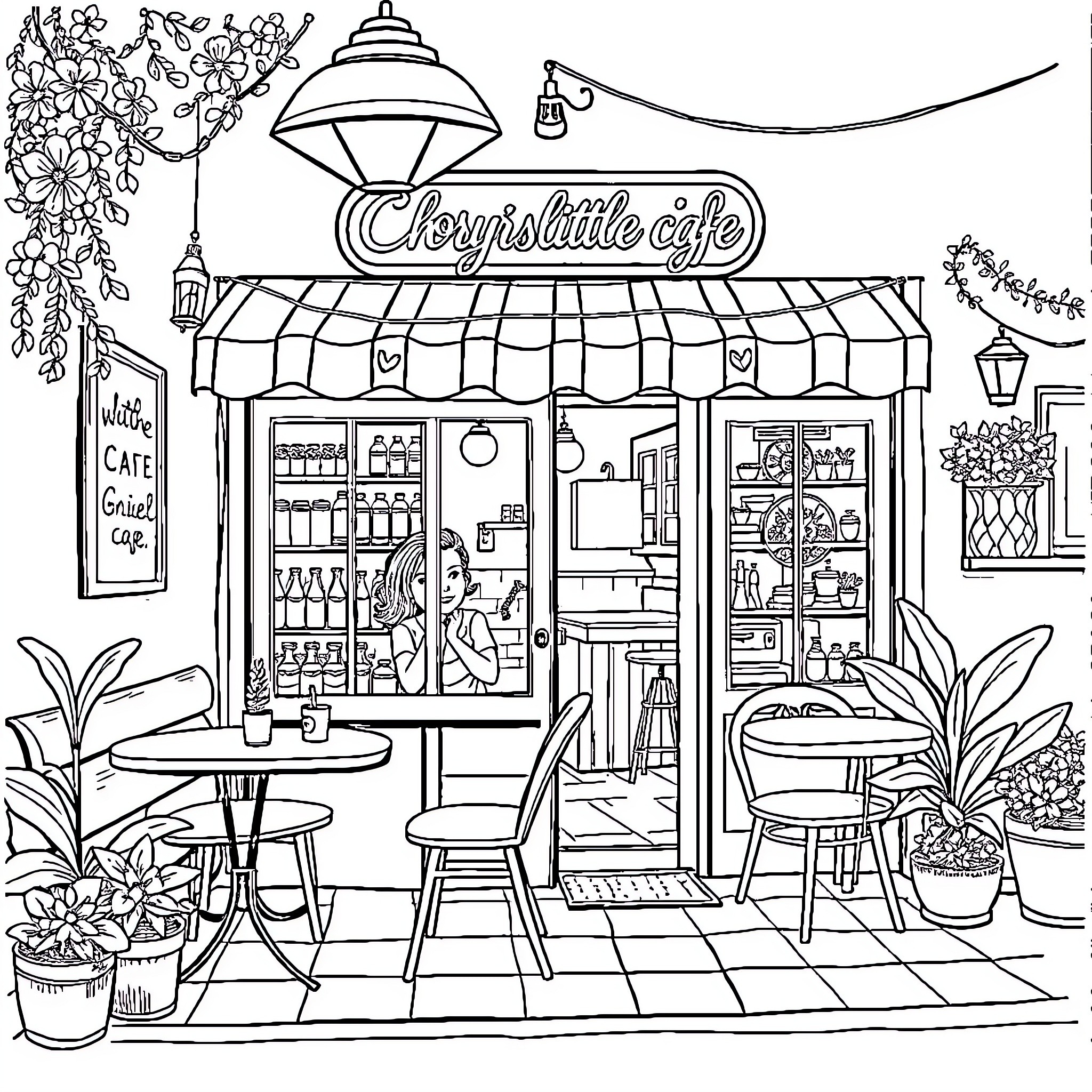 Christina's Charming Cafe Captured in Sketch Coloring Page (free black-and-white line drawing printable PDF for all, from beginners to advanced learners, including children, teens, adults, and seniors)