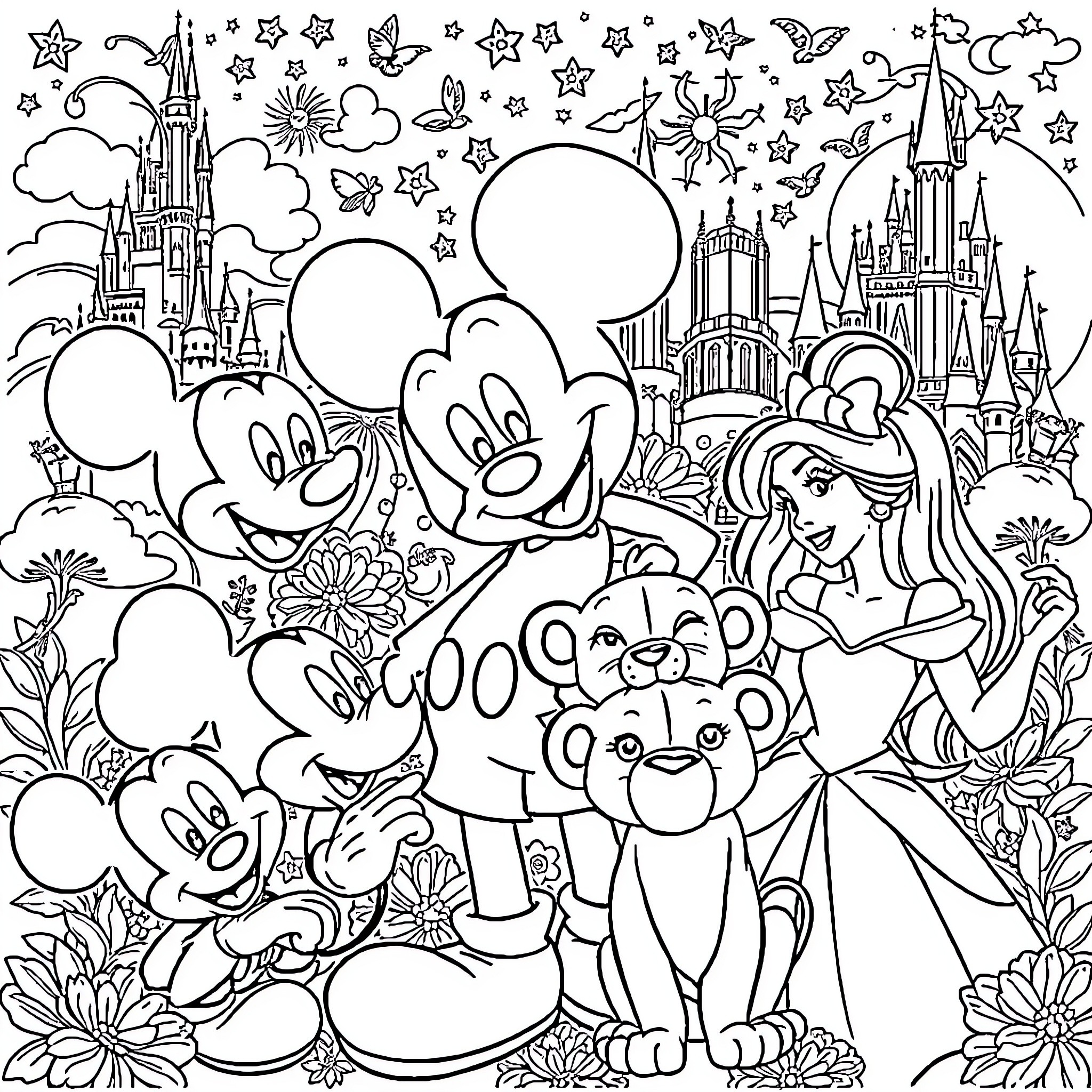 Disney Characters in a Whimsical Dreamscape Coloring Page (free black-and-white line drawing printable PDF for all, from beginners to advanced learners, including children, teens, adults, and seniors)