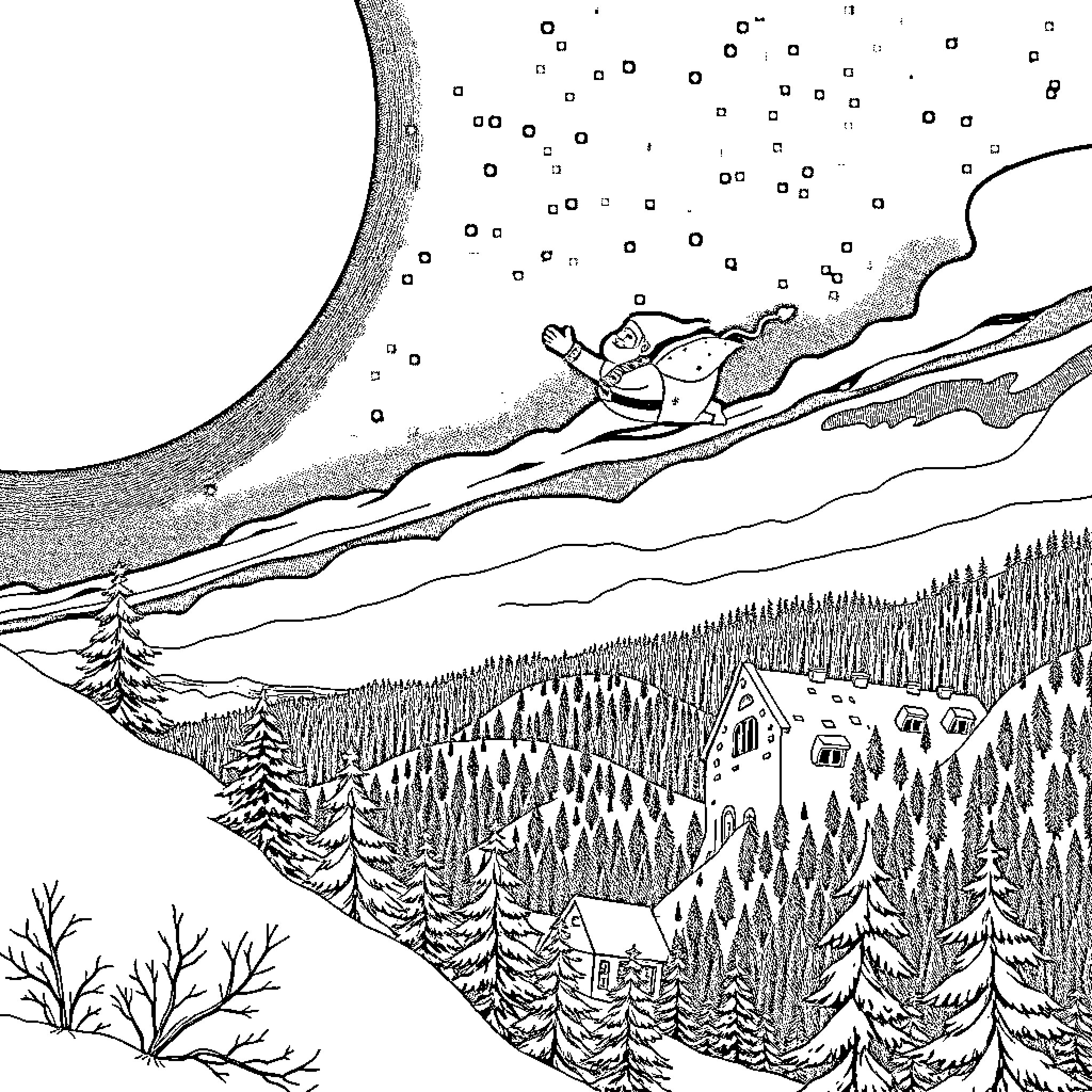 Santa gliding through a snowy winter wonderland Coloring Page (free black-and-white line drawing printable PDF for all, from beginners to advanced learners, including children, teens, adults, and seniors)