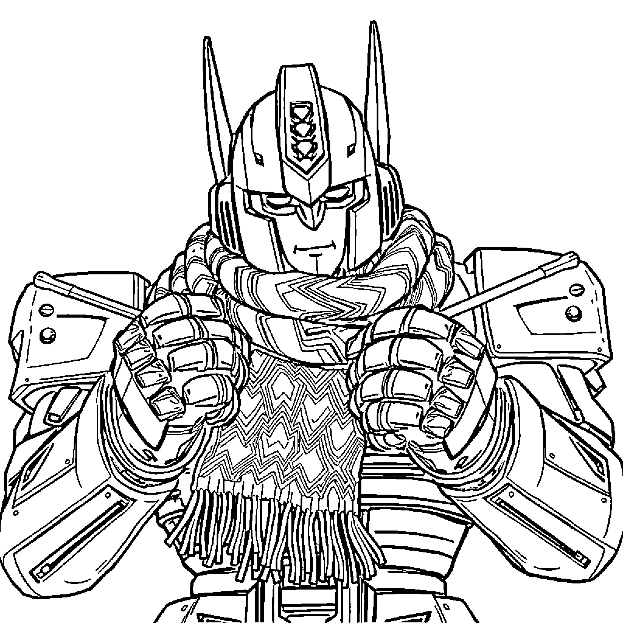 Transformer warrior in combat stance Coloring Page (free black-and-white line drawing printable PDF for all, from beginners to advanced learners, including children, teens, adults, and seniors)