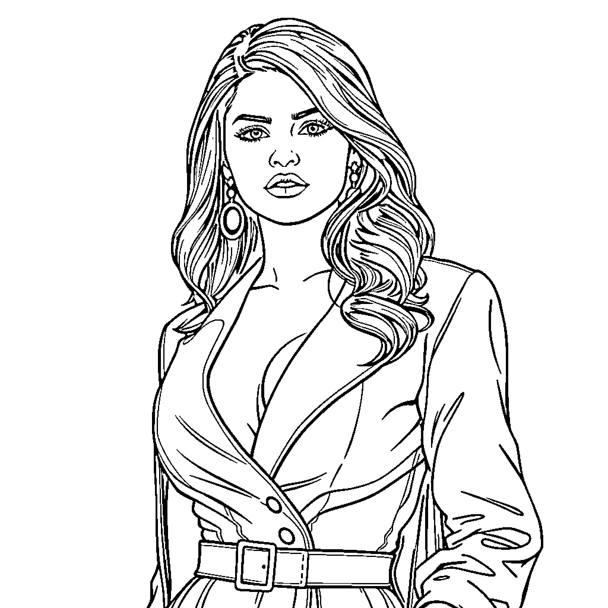 Selena Gomez in stylish formal attire Coloring Page (free black-and-white line drawing printable PDF for all, from beginners to advanced learners, including children, teens, adults, and seniors)