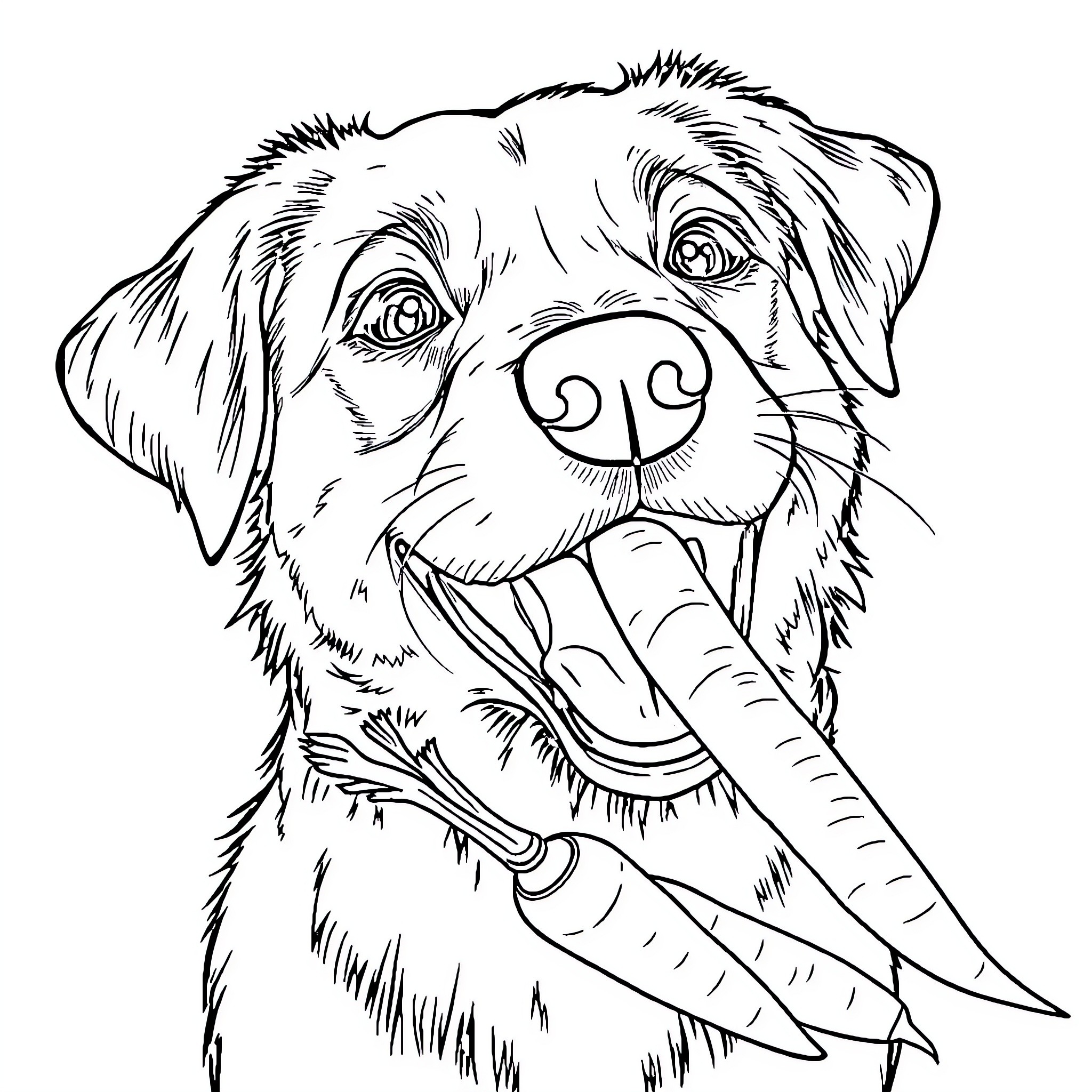 Dog enjoying a carrot snack Coloring Page (free black-and-white line drawing printable PDF for all, from beginners to advanced learners, including children, teens, adults, and seniors)