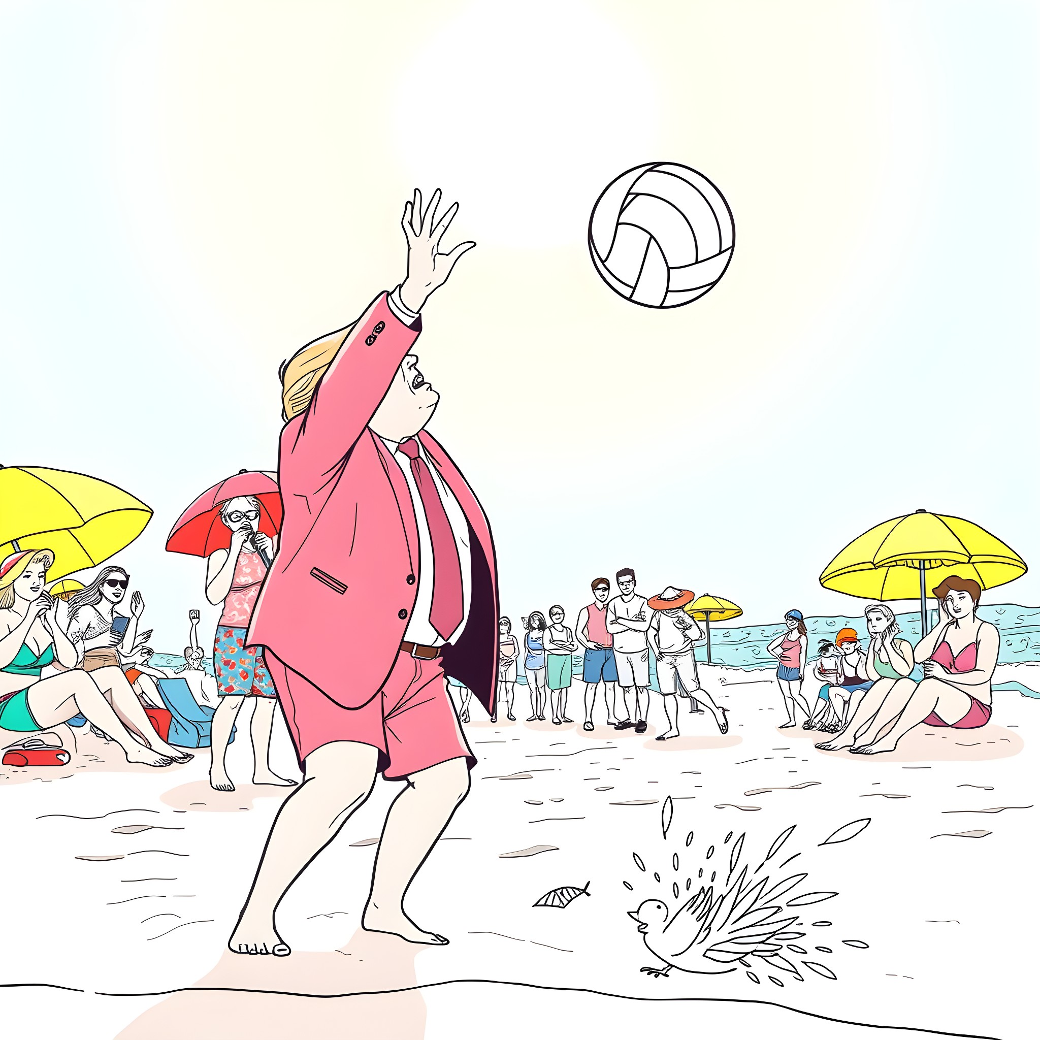 Donald Trump playing volleyball at the beach with beachgoers Coloring Page (free black-and-white line drawing printable PDF for all, from beginners to advanced learners, including children, teens, adults, and seniors)