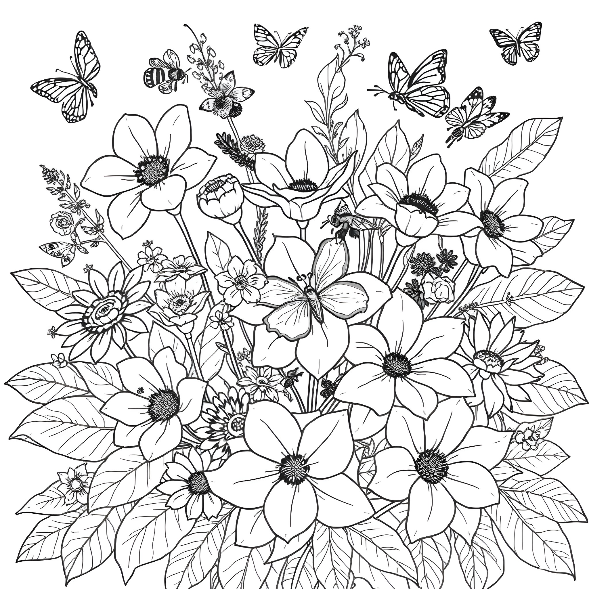 Flower Garden with Butterflies and Blooms Coloring Page (free black-and-white line drawing printable PDF for all, from beginners to advanced learners, including children, teens, adults, and seniors)
