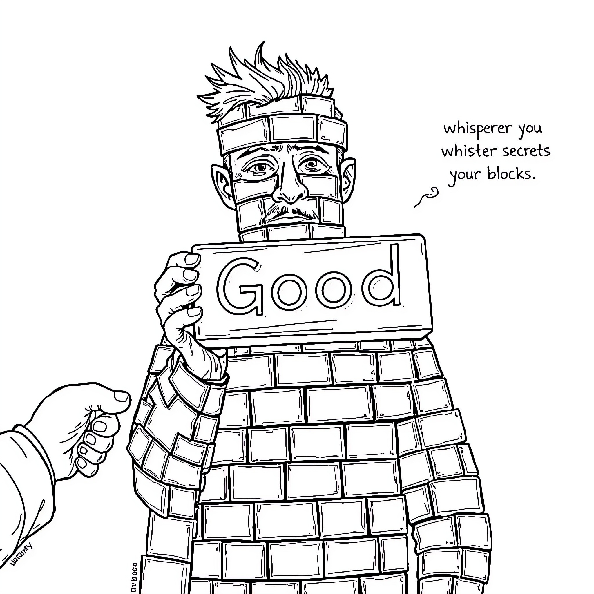 Man holds 'Good' sign with speech bubble Coloring Page (free black-and-white line drawing printable PDF for all, from beginners to advanced learners, including children, teens, adults, and seniors)