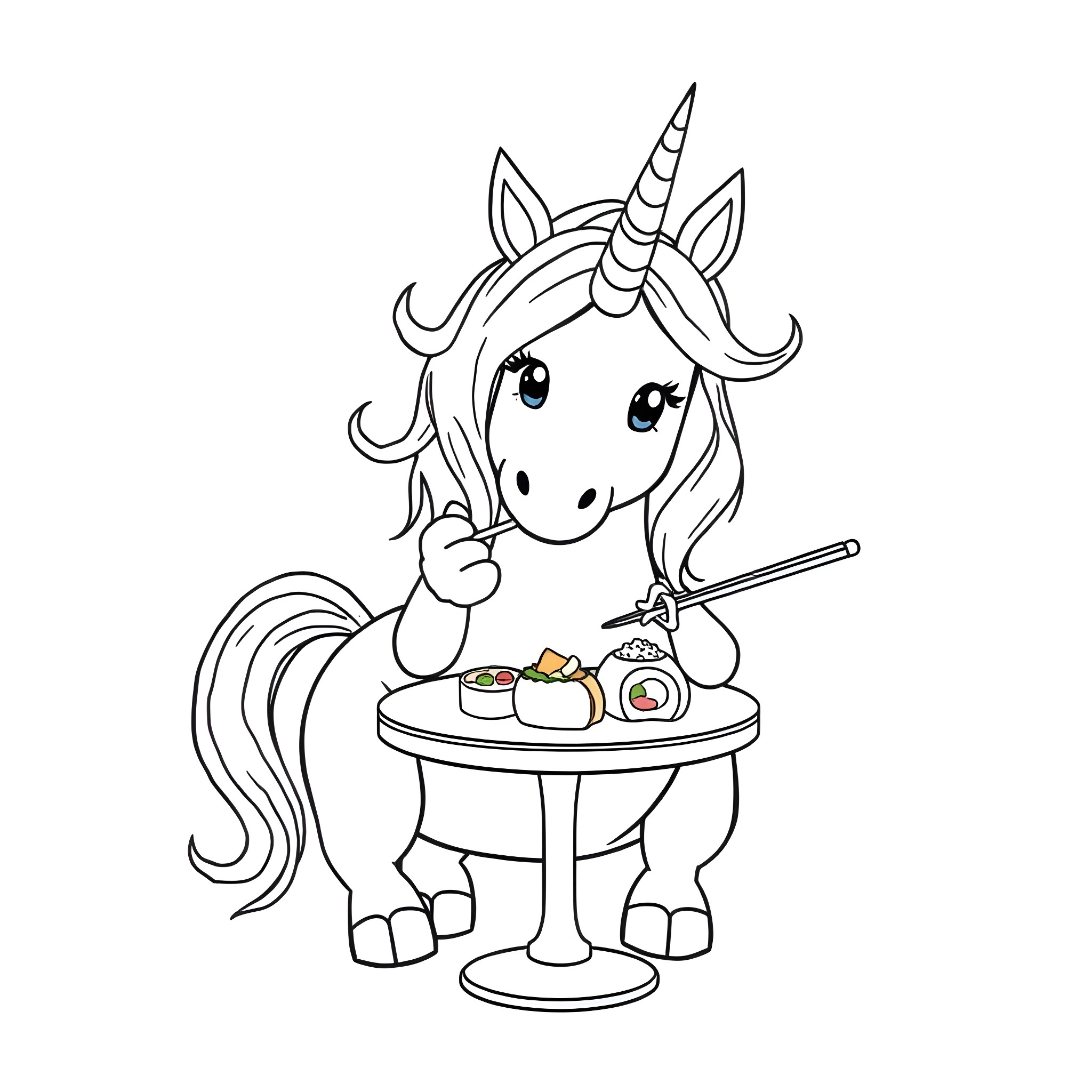 Unicorn enjoying a delightful tea party Coloring Page (free black-and-white line drawing printable PDF for all, from beginners to advanced learners, including children, teens, adults, and seniors)
