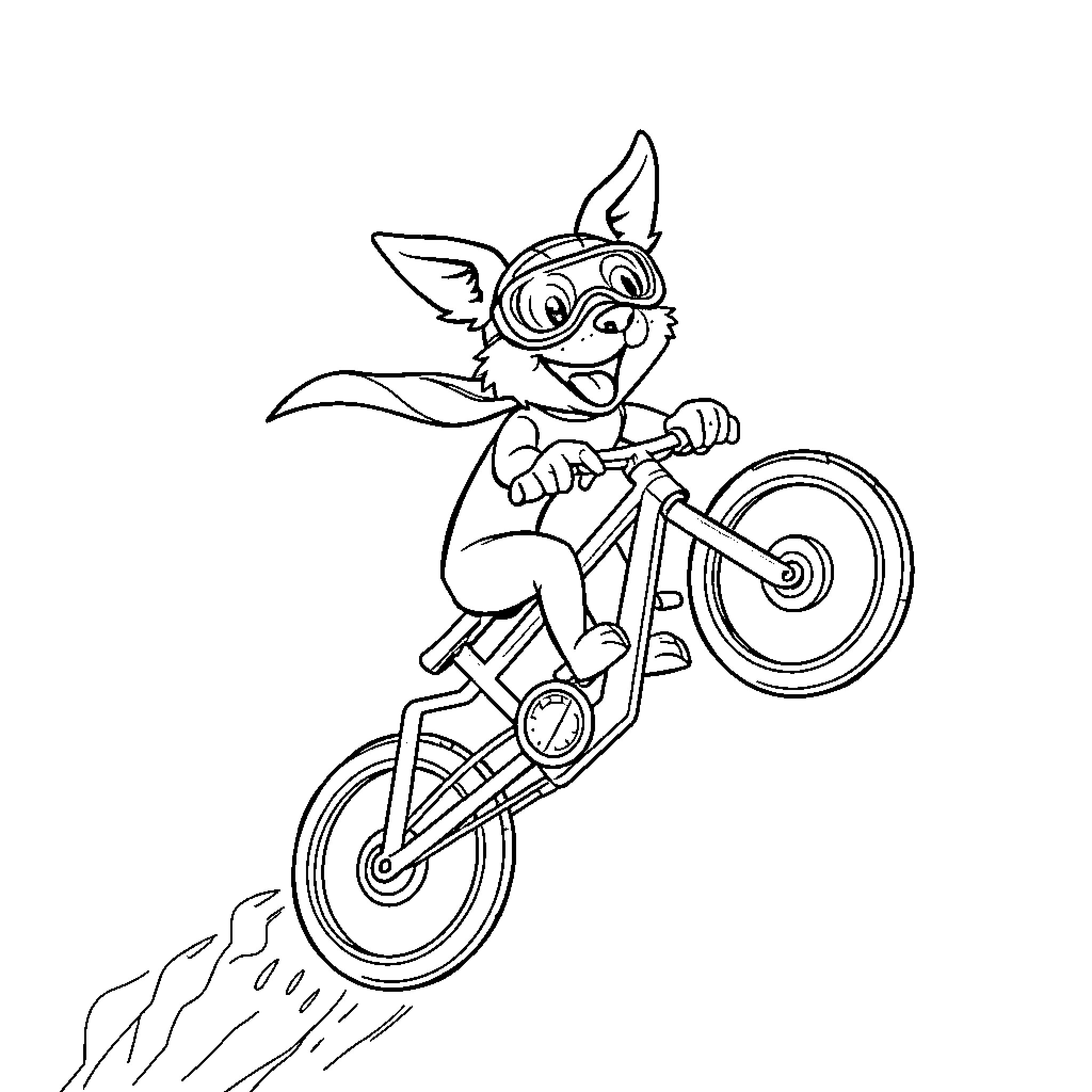 Dog riding a bicycle with enthusiasm Coloring Page (free black-and-white line drawing printable PDF for all, from beginners to advanced learners, including children, teens, adults, and seniors)