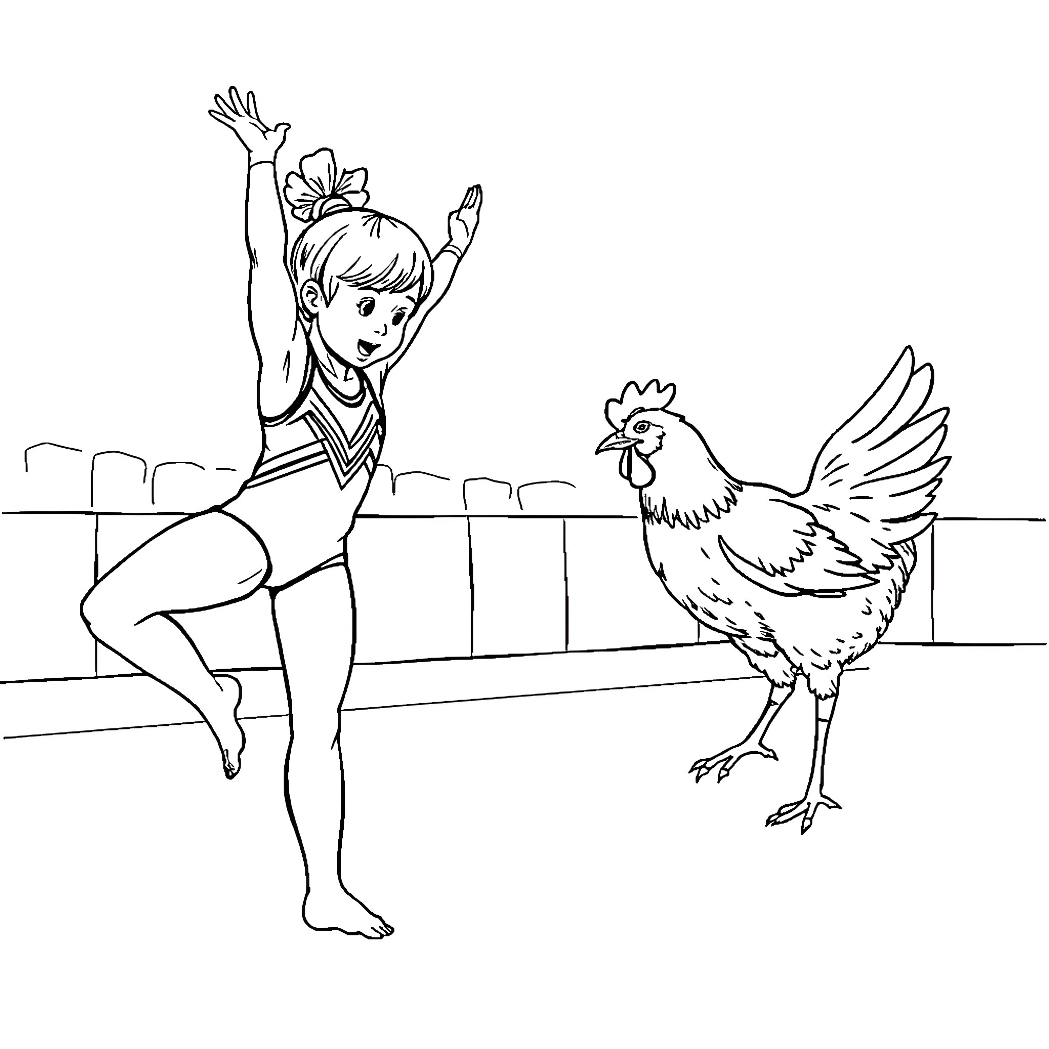 Chicken and cheerful girl playing together Coloring Page (free black-and-white line drawing printable PDF for all, from beginners to advanced learners, including children, teens, adults, and seniors)