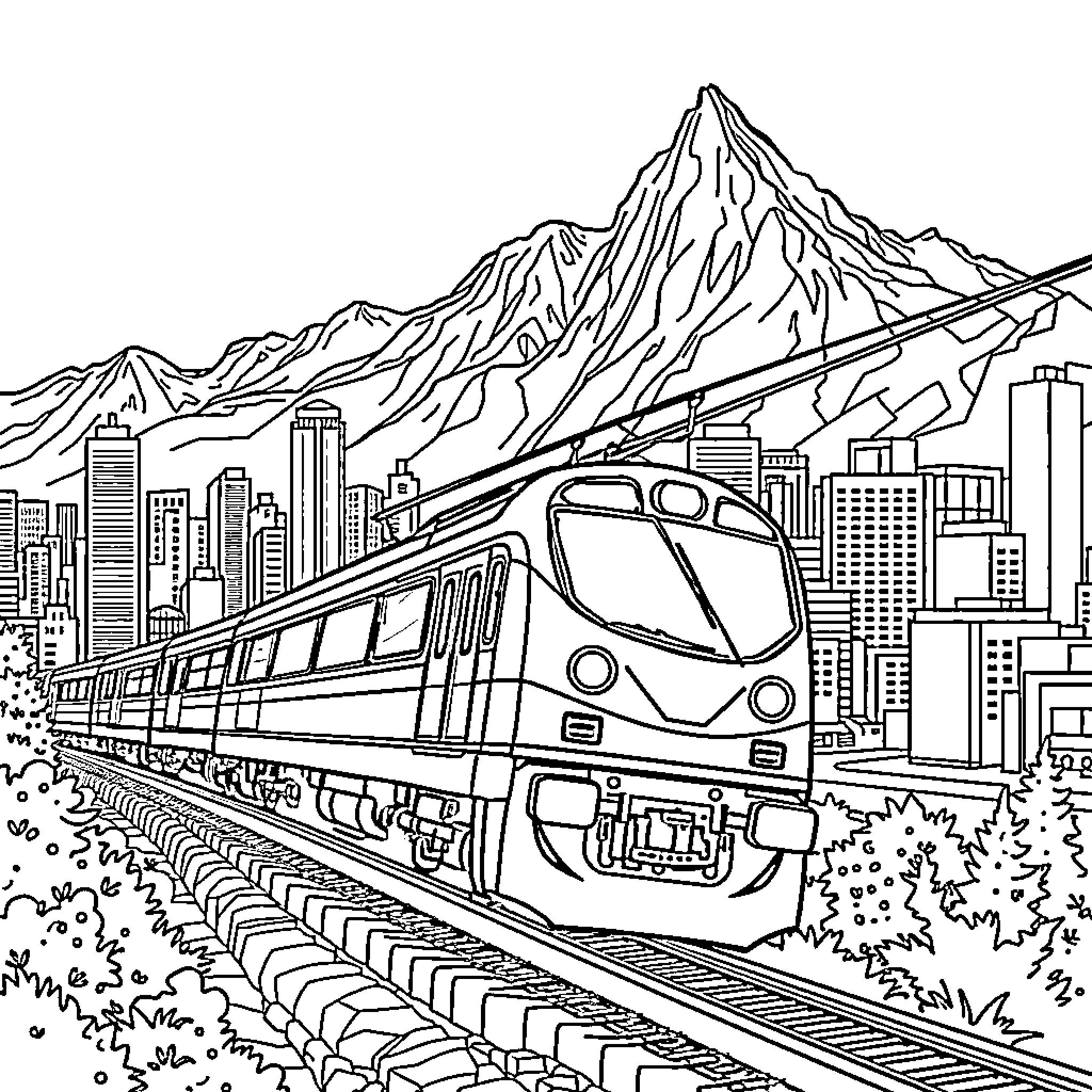 Train Traveling Through Mountainous City Skyline Coloring Page (free black-and-white line drawing printable PDF for all, from beginners to advanced learners, including children, teens, adults, and seniors)