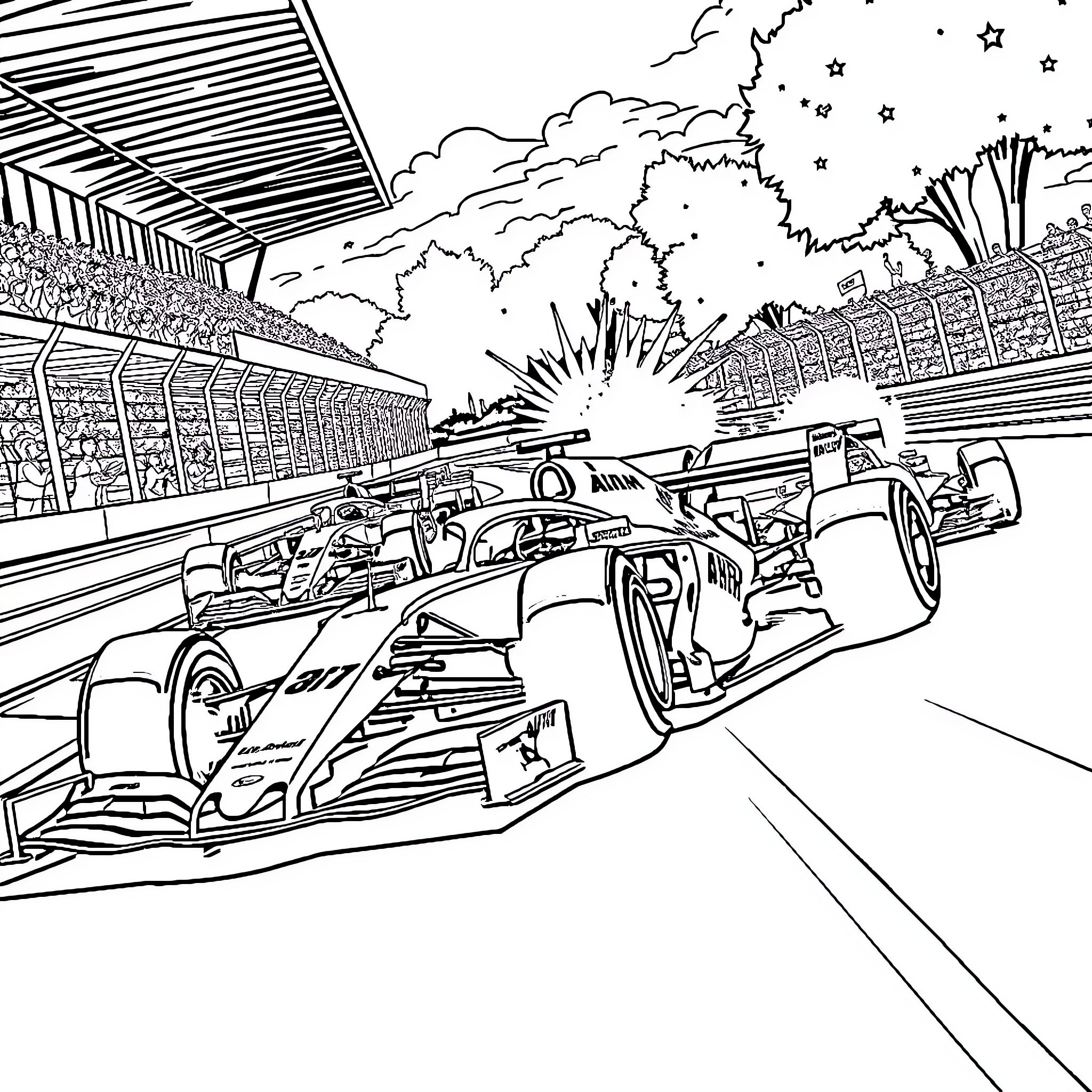 Formula 1 Racing Cars on Circuit Track Coloring Page (free black-and-white line drawing printable PDF for all, from beginners to advanced learners, including children, teens, adults, and seniors)