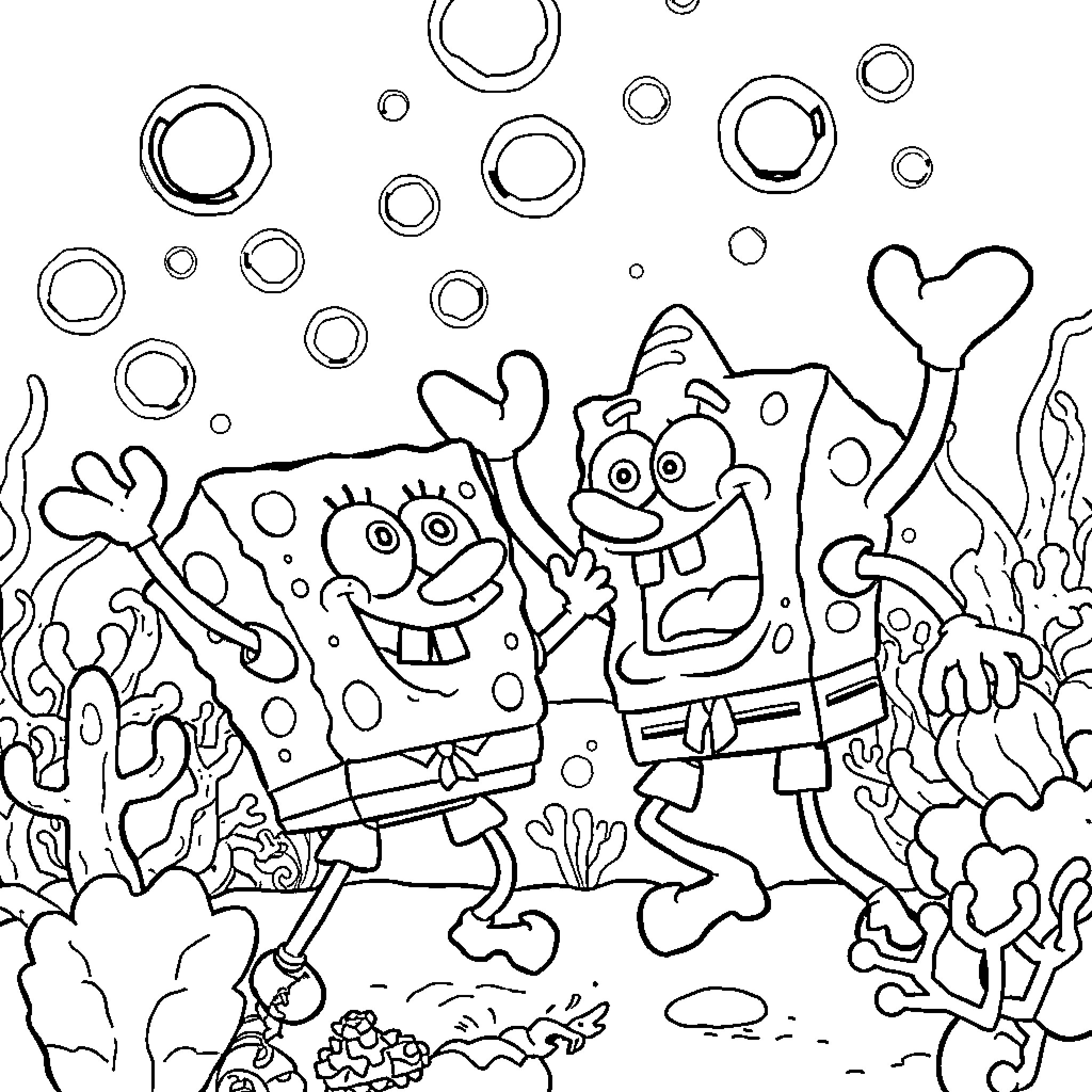 Spongebob and Patrick having an underwater adventure Coloring Page (free black-and-white line drawing printable PDF for all, from beginners to advanced learners, including children, teens, adults, and seniors)