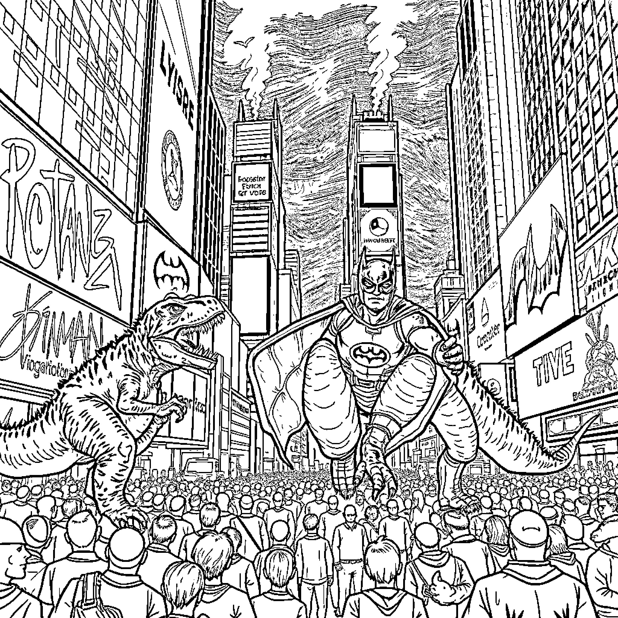 Dinosaur characters taking over a busy city street Coloring Page (free black-and-white line drawing printable PDF for all, from beginners to advanced learners, including children, teens, adults, and seniors)
