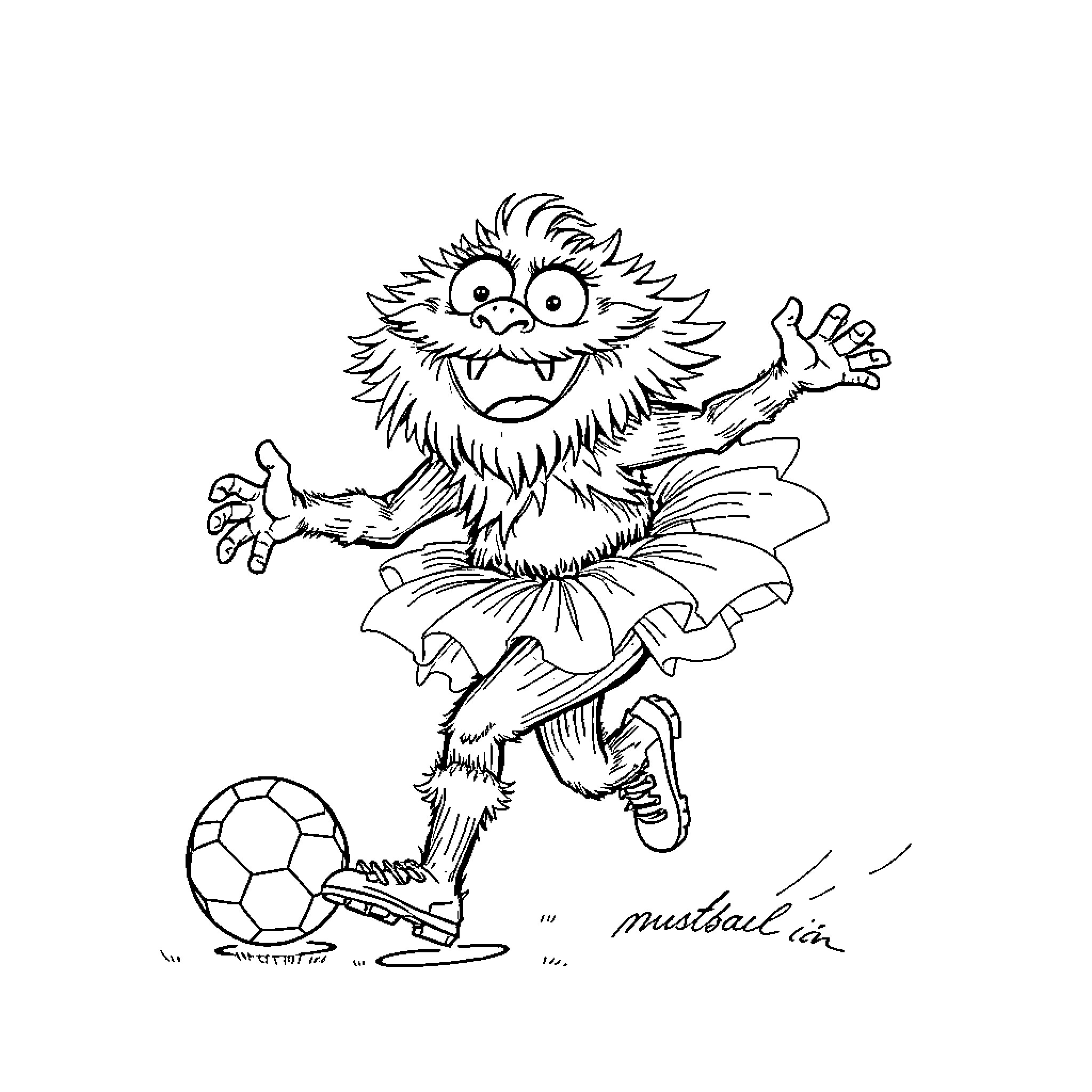 Monster soccer player kicking ball enthusiastically Coloring Page (free black-and-white line drawing printable PDF for all, from beginners to advanced learners, including children, teens, adults, and seniors)