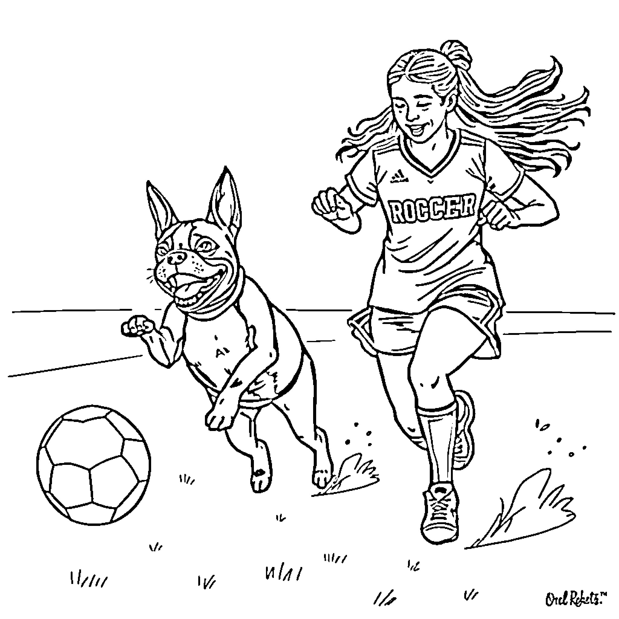 Boston Terrier playing soccer with woman Coloring Page (free black-and-white line drawing printable PDF for all, from beginners to advanced learners, including children, teens, adults, and seniors)
