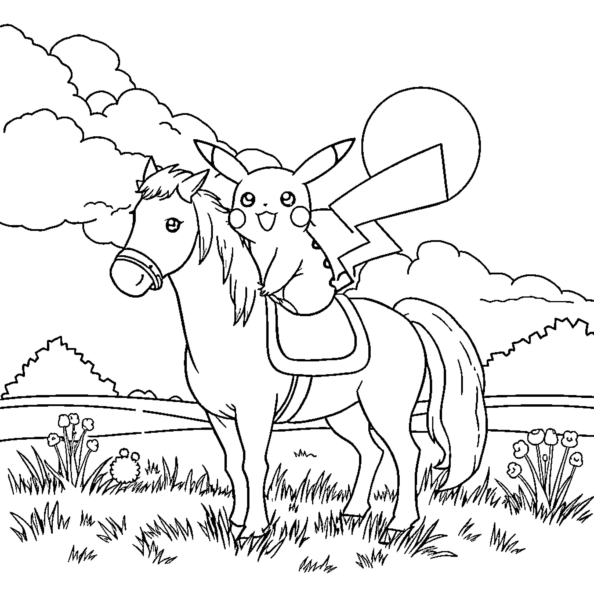 Pikachu riding on a horse in a meadow Coloring Page (free black-and-white line drawing printable PDF for all, from beginners to advanced learners, including children, teens, adults, and seniors)