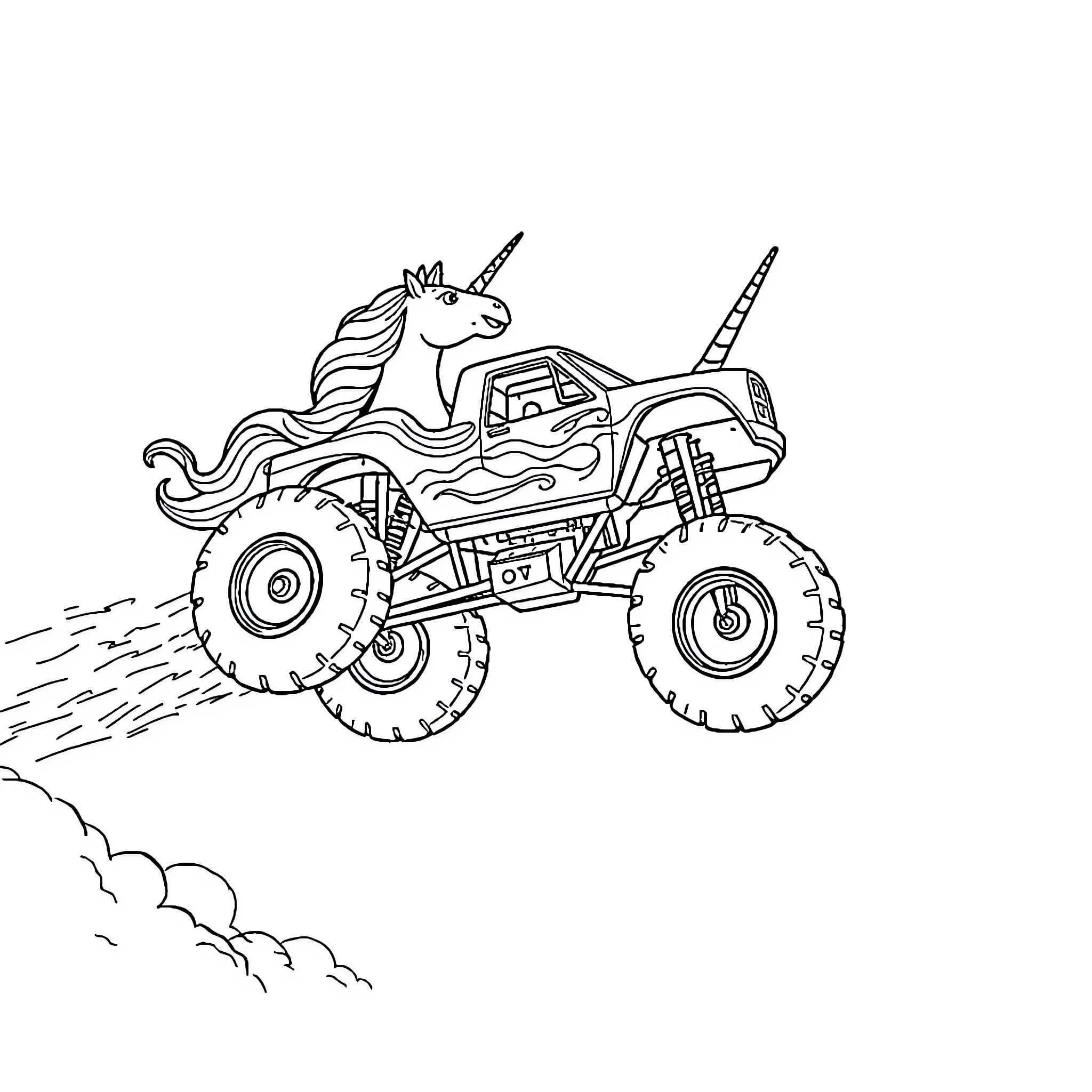 Unicorn driving a monster truck through the wilderness Coloring Page (free black-and-white line drawing printable PDF for all, from beginners to advanced learners, including children, teens, adults, and seniors)