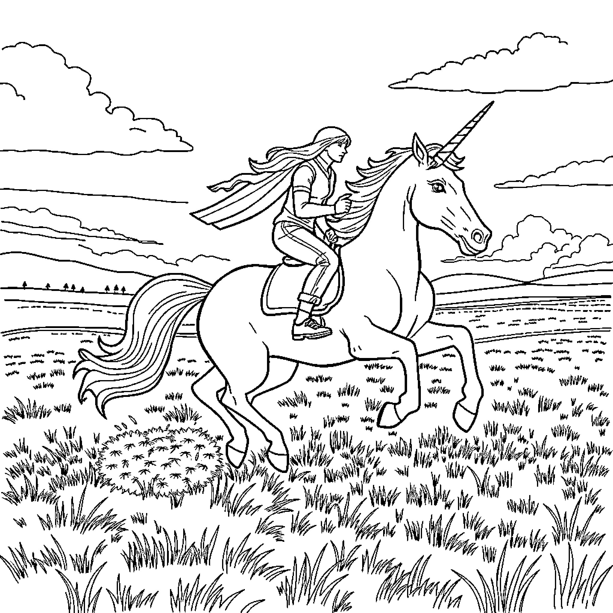 Unicorn Rider Exploring the Enchanted Meadow Coloring Page (free black-and-white line drawing printable PDF for all, from beginners to advanced learners, including children, teens, adults, and seniors)