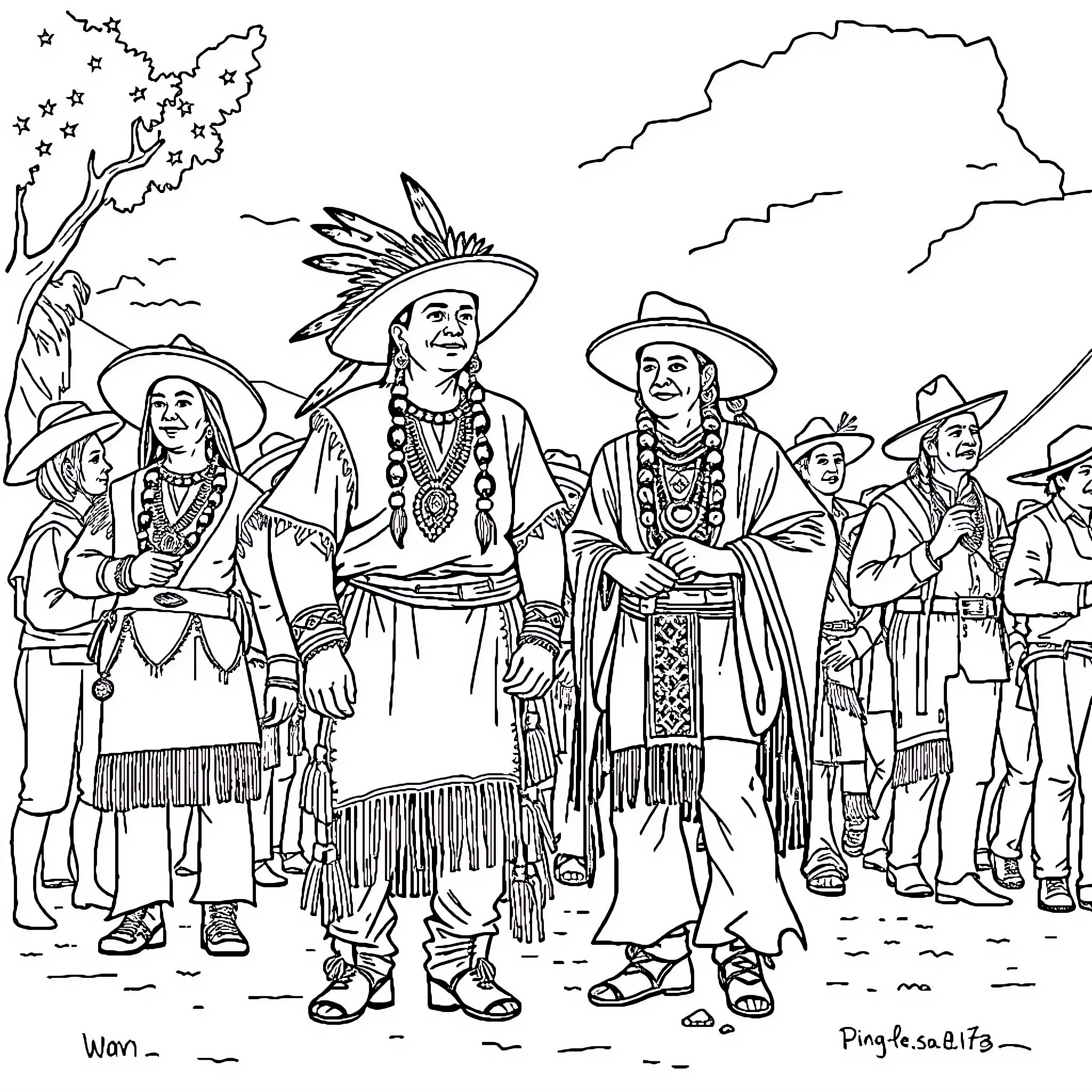Texan Native American Traditional Dress and Attire Coloring Page (free black-and-white line drawing printable PDF for all, from beginners to advanced learners, including children, teens, adults, and seniors)