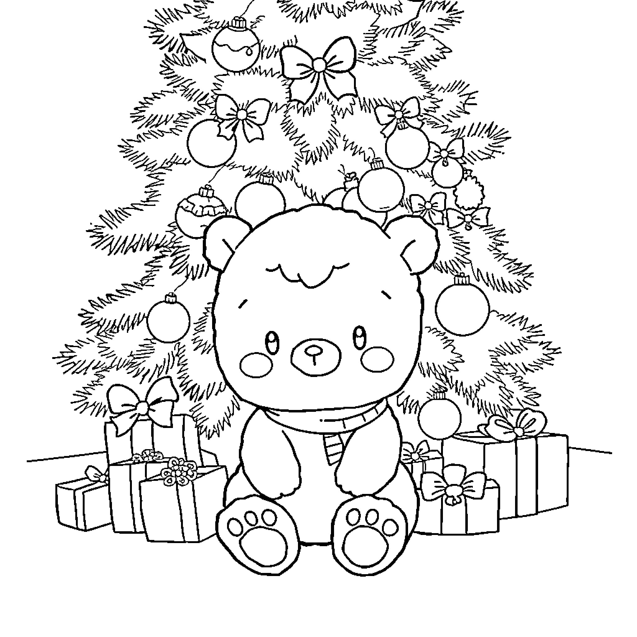 Labubu celebrates Christmas with gifts and ornaments Coloring Page (free black-and-white line drawing printable PDF for all, from beginners to advanced learners, including children, teens, adults, and seniors)