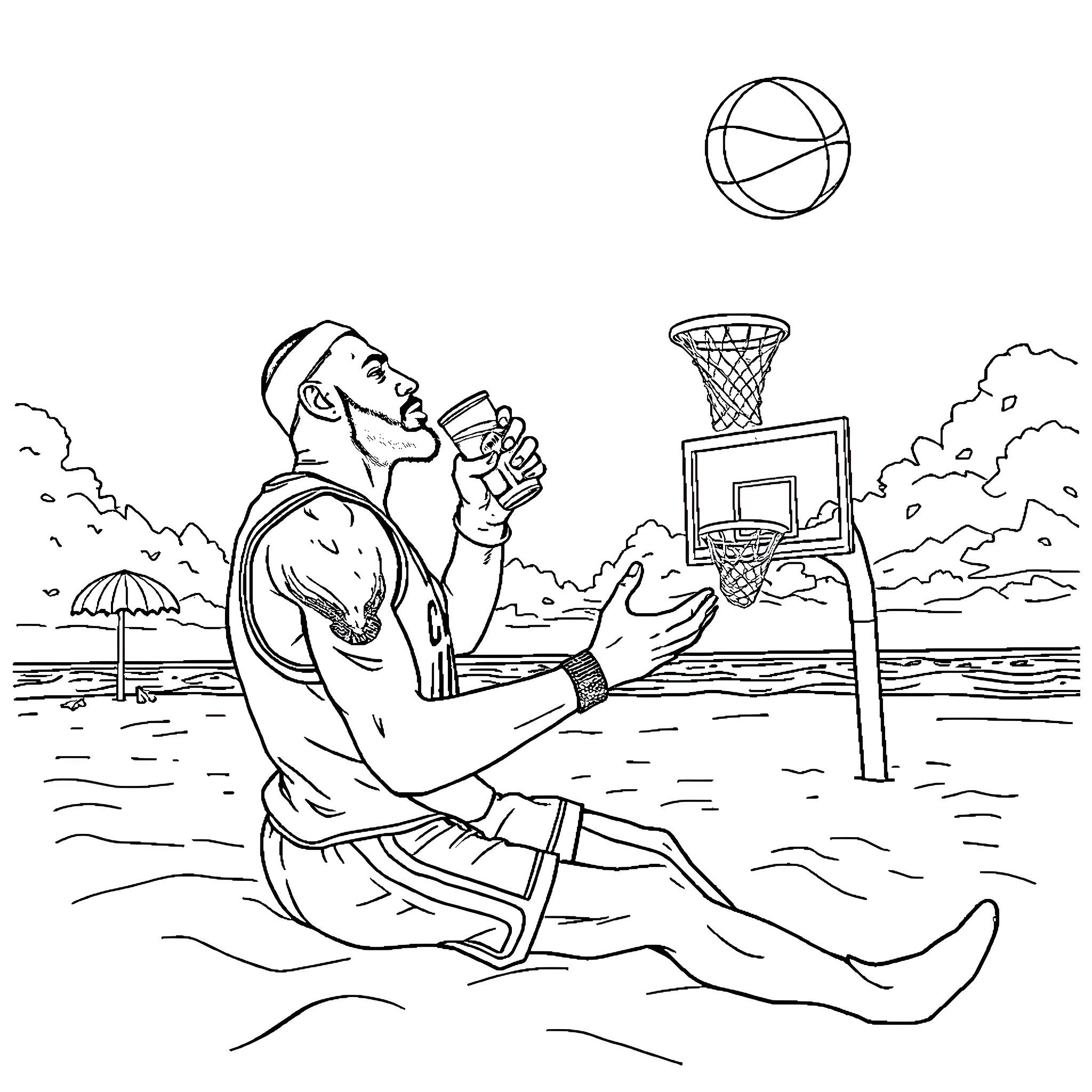 LeBron James Playing Basketball on the Beach Coloring Page (free black-and-white line drawing printable PDF for all, from beginners to advanced learners, including children, teens, adults, and seniors)