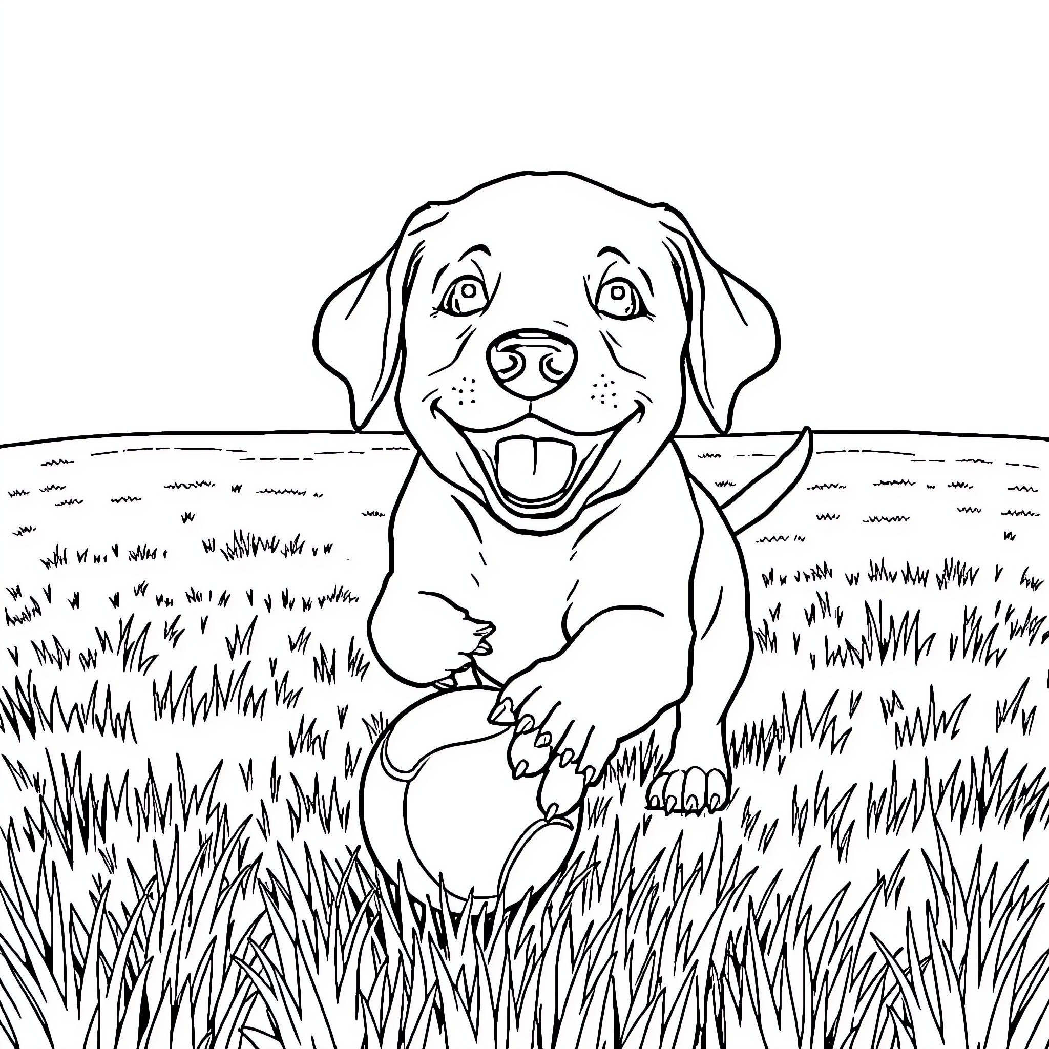 Labrador enjoying playtime in the grassy field Coloring Page (free black-and-white line drawing printable PDF for all, from beginners to advanced learners, including children, teens, adults, and seniors)