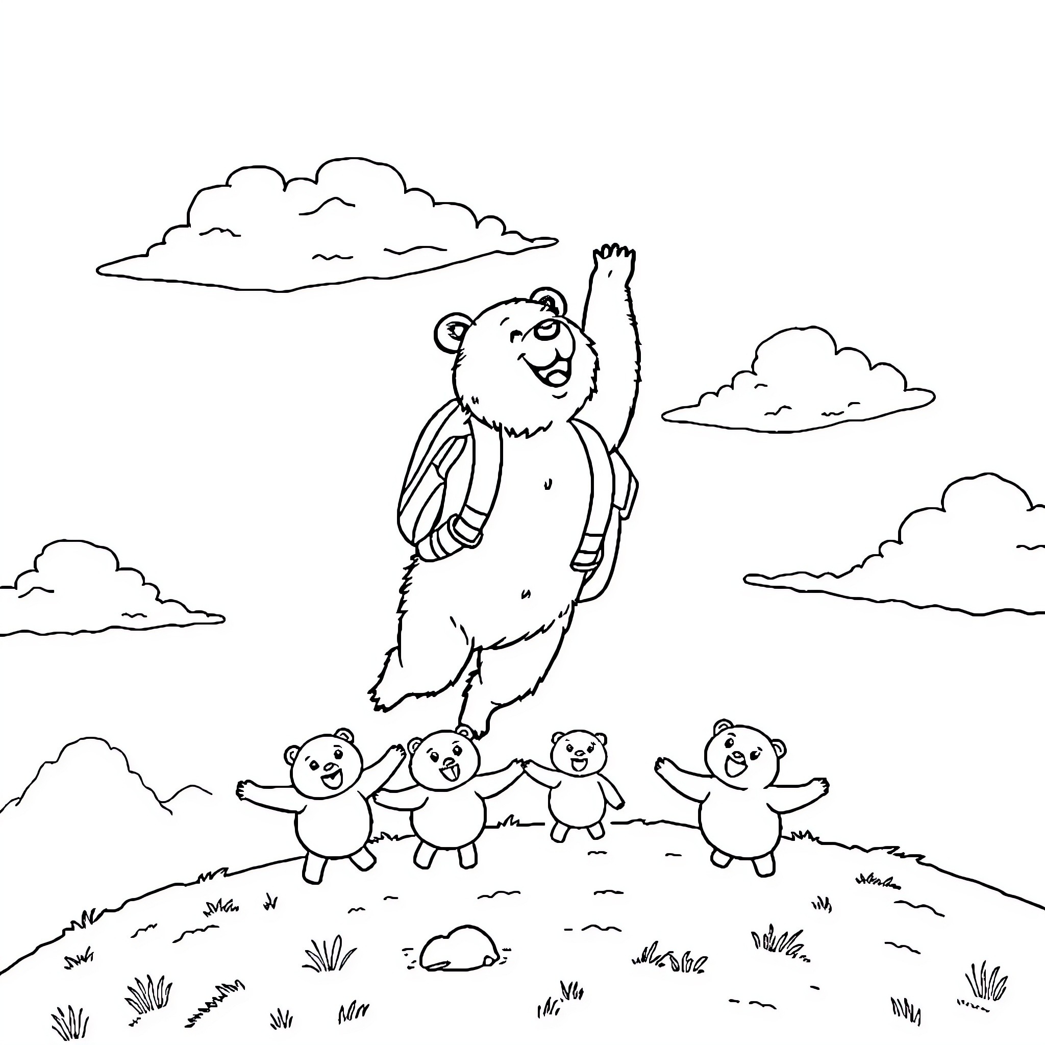 Bear leading a group of baby bears on a hike Coloring Page (free black-and-white line drawing printable PDF for all, from beginners to advanced learners, including children, teens, adults, and seniors)