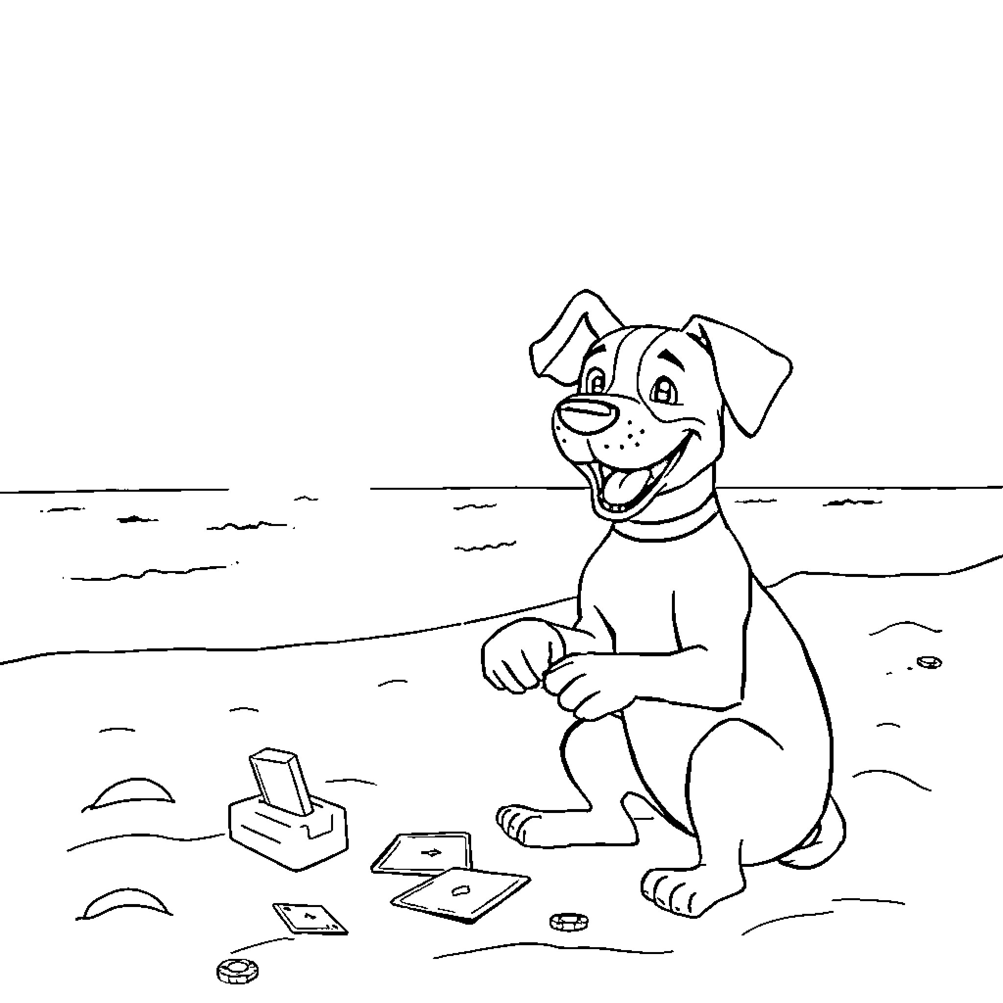 Dog playing joyfully with toys on the beach Coloring Page (free black-and-white line drawing printable PDF for all, from beginners to advanced learners, including children, teens, adults, and seniors)