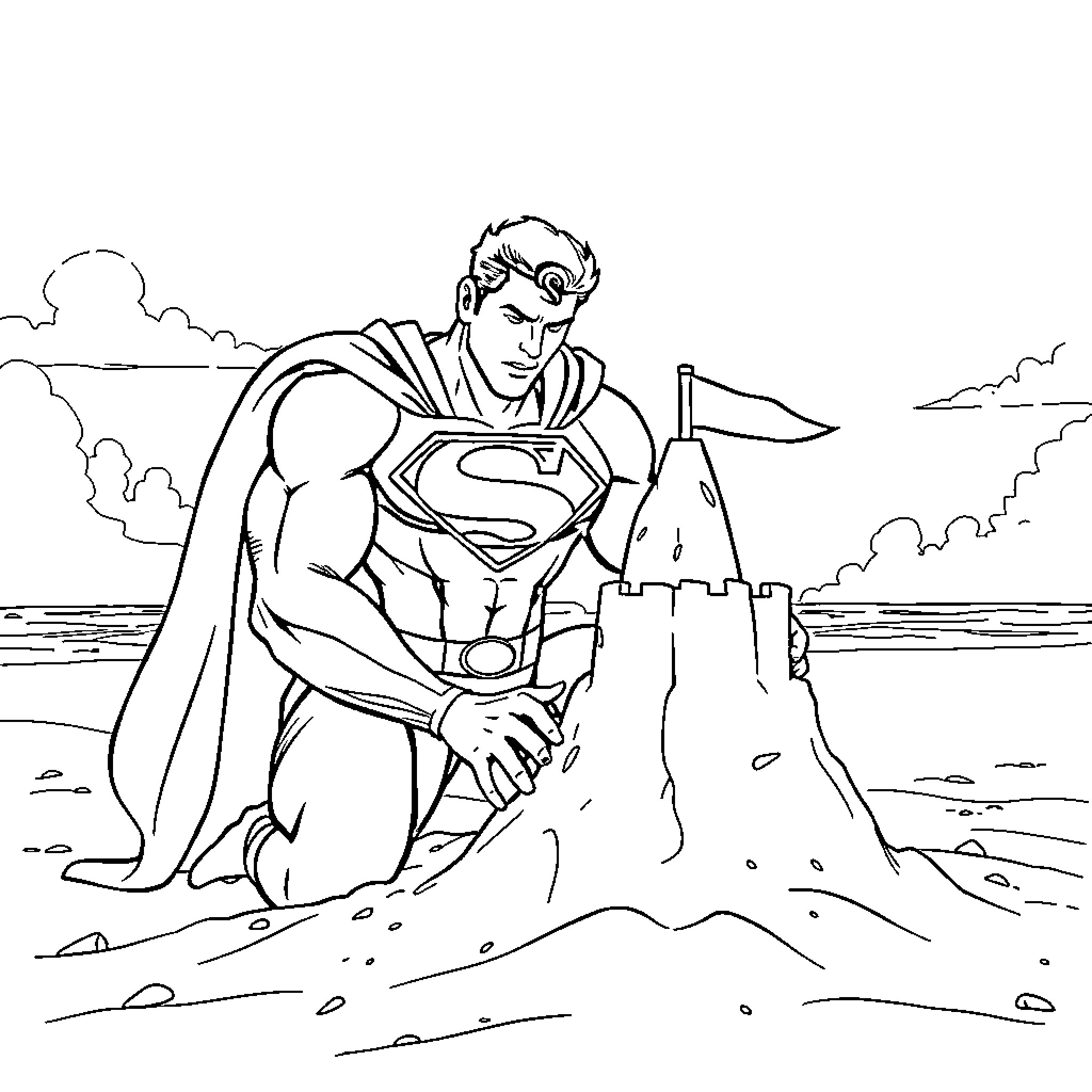 Superman building a sandcastle on the beach Coloring Page (free black-and-white line drawing printable PDF for all, from beginners to advanced learners, including children, teens, adults, and seniors)