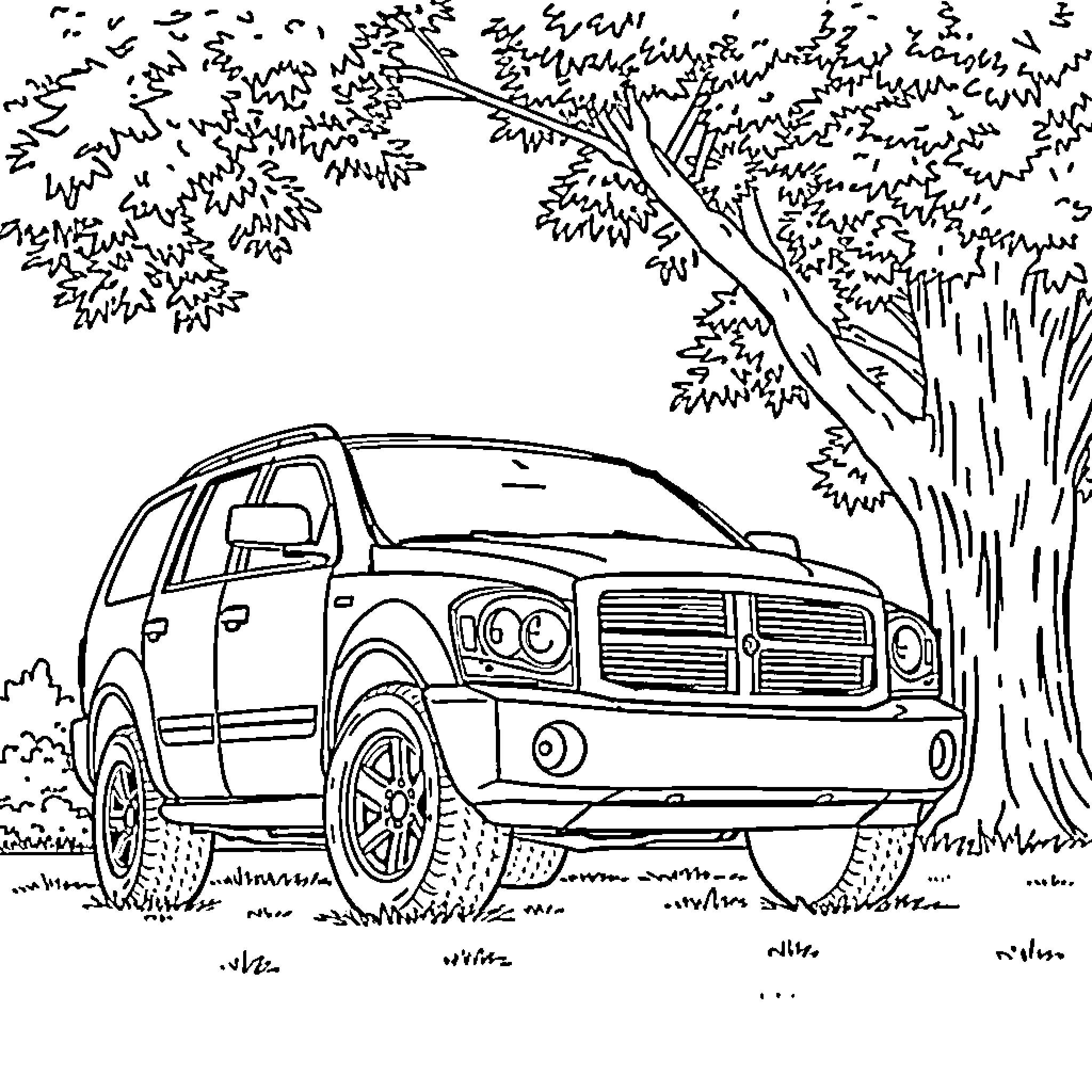 Dodge SUV exploring the wilderness Coloring Page (free black-and-white line drawing printable PDF for all, from beginners to advanced learners, including children, teens, adults, and seniors)