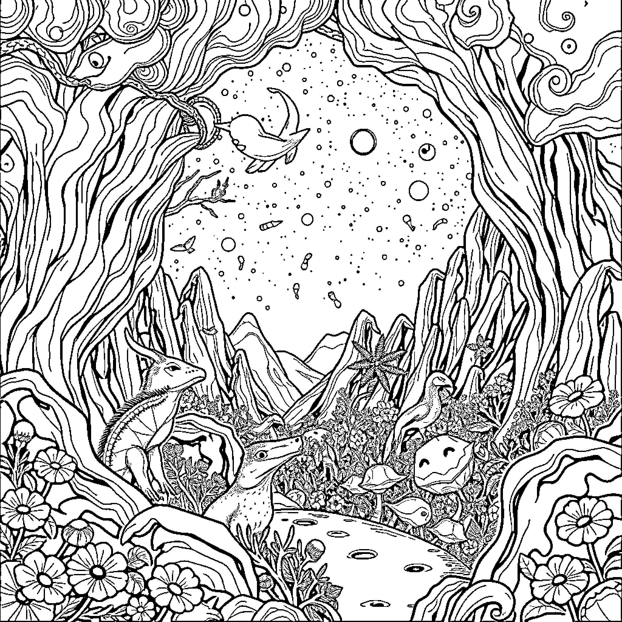Magical World of Whimsical Creatures and Landscapes Coloring Page (free black-and-white line drawing printable PDF for all, from beginners to advanced learners, including children, teens, adults, and seniors)