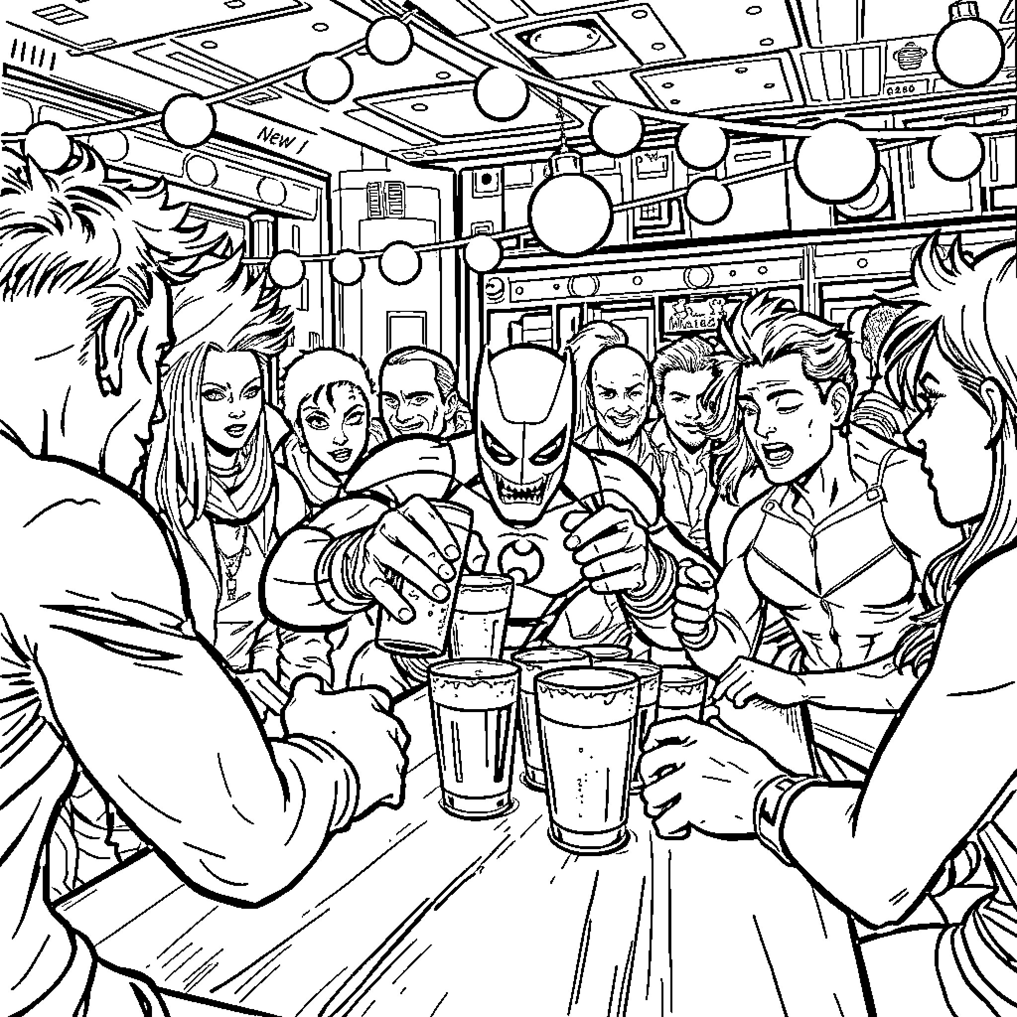 Marvel Characters Enjoying Drinks at a Party Coloring Page (free black-and-white line drawing printable PDF for all, from beginners to advanced learners, including children, teens, adults, and seniors)