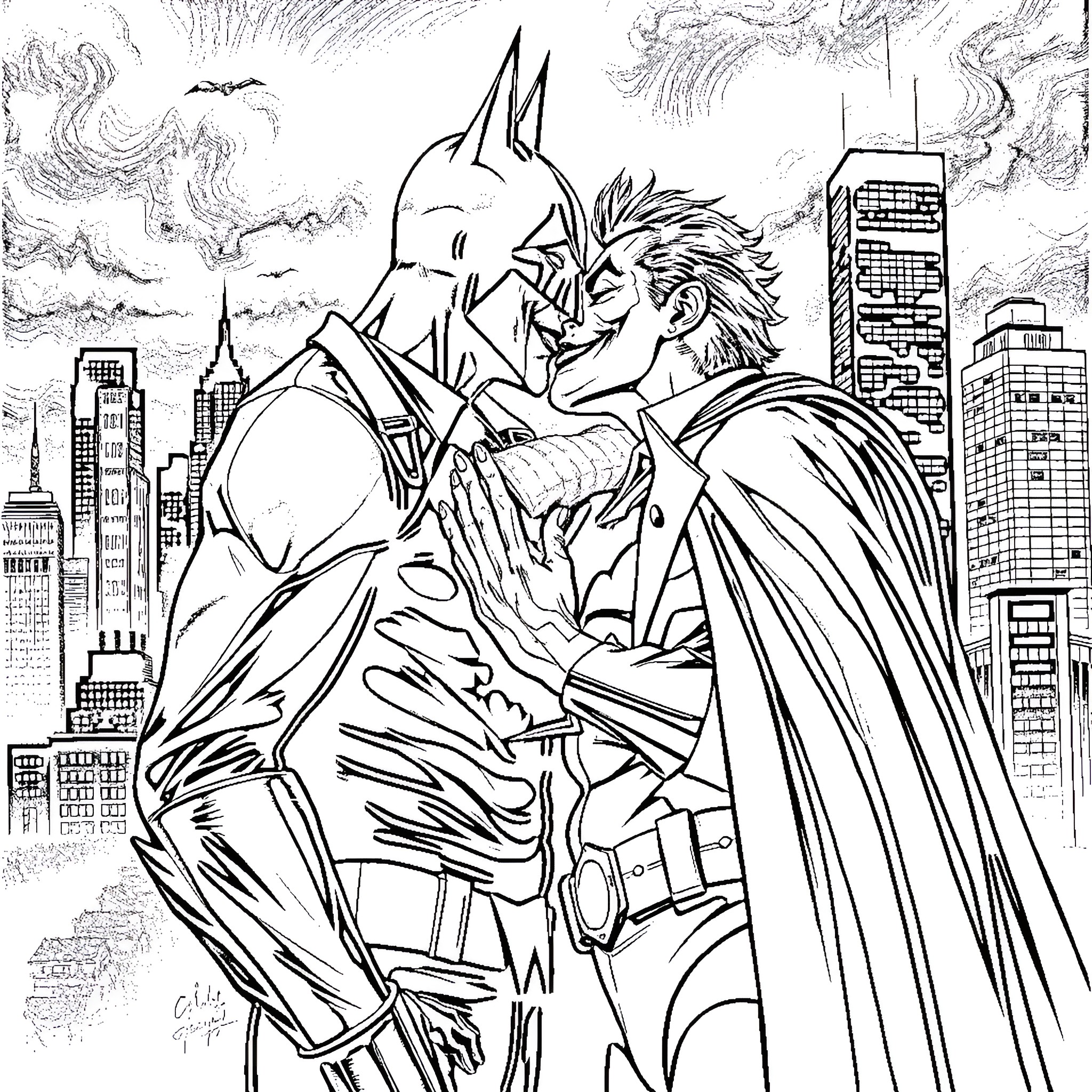Joker battling against the Dark Knight in the city Coloring Page (free black-and-white line drawing printable PDF for all, from beginners to advanced learners, including children, teens, adults, and seniors)