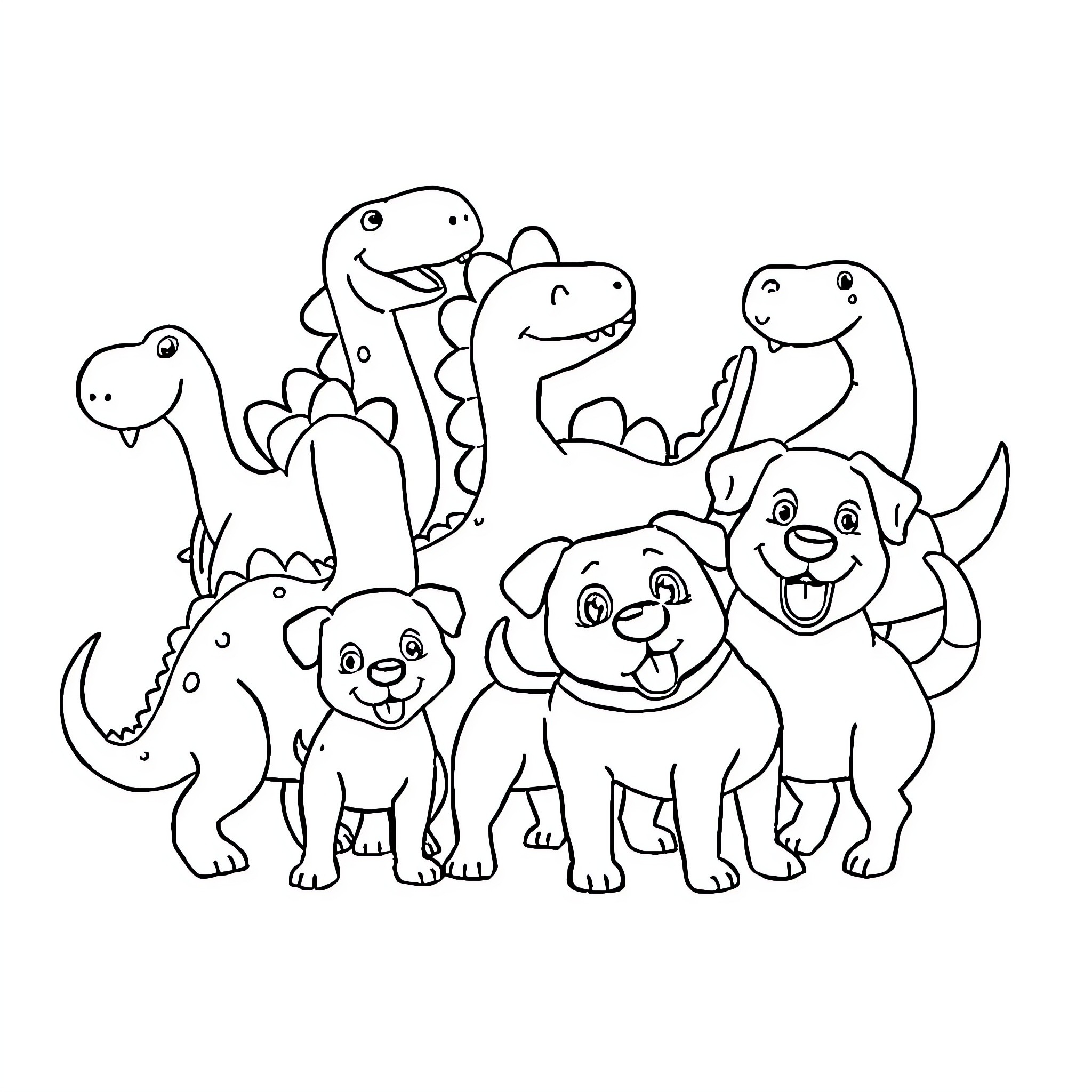 Character family of adorable dinosaurs and dogs Coloring Page (free black-and-white line drawing printable PDF for all, from beginners to advanced learners, including children, teens, adults, and seniors)