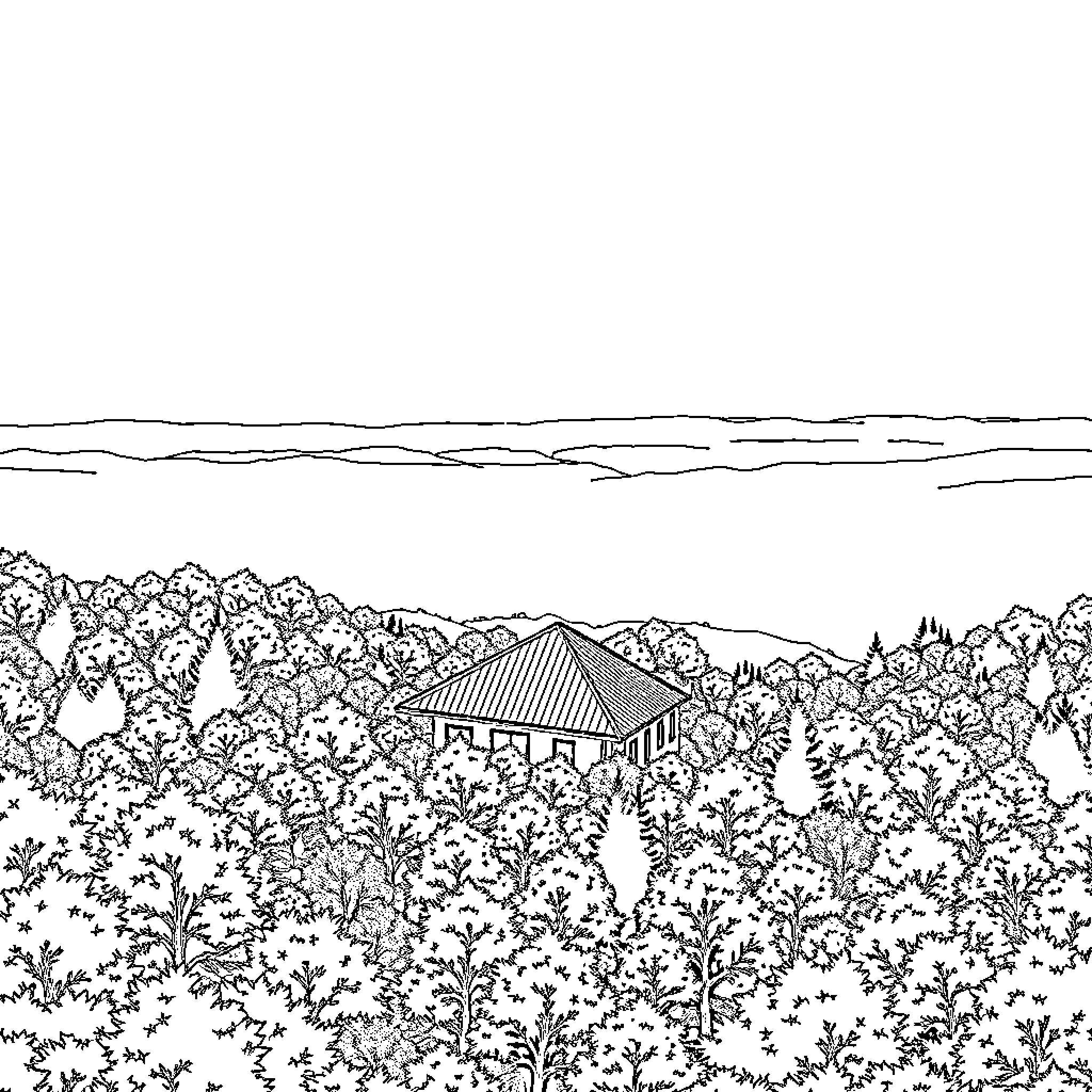 Forest Landscape with Rustic Cabin Coloring Page (free black-and-white line drawing printable PDF for all, from beginners to advanced learners, including children, teens, adults, and seniors)