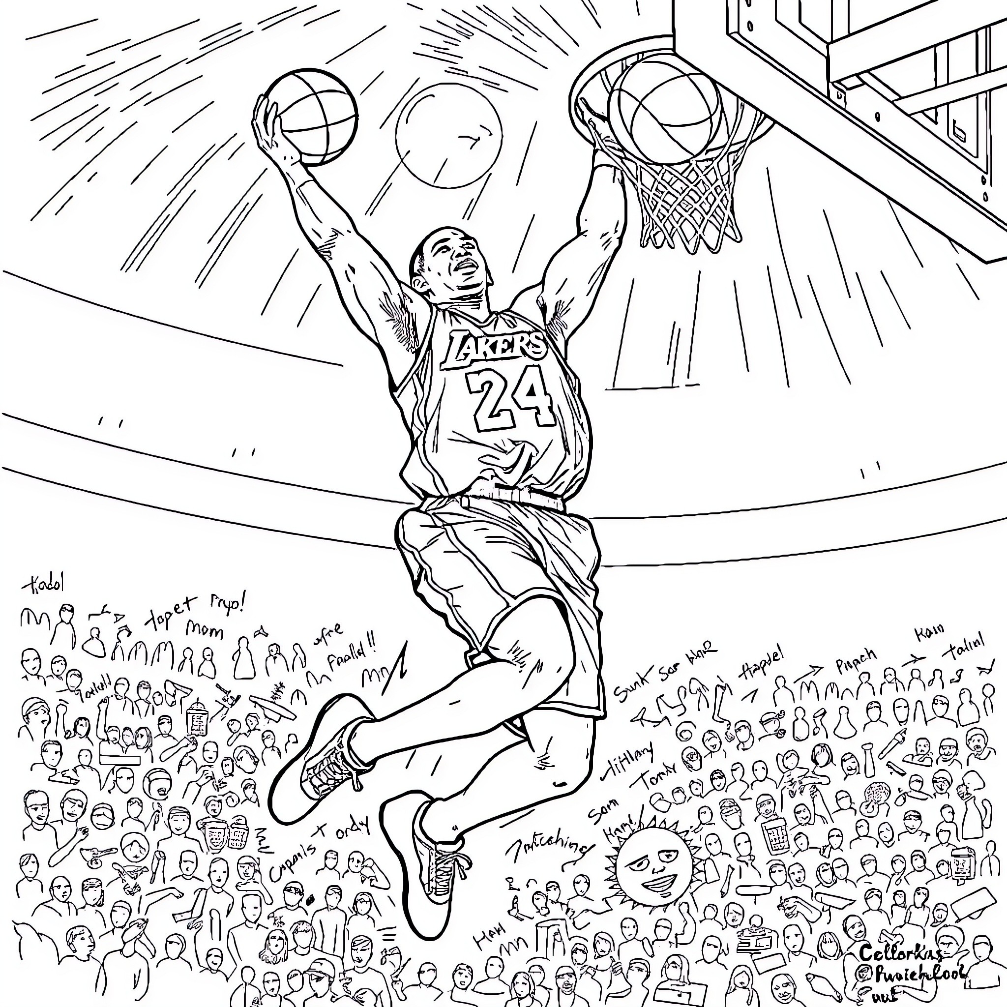 Kobe Bryant's Triumphant Basketball Dunk Coloring Page (free black-and-white line drawing printable PDF for all, from beginners to advanced learners, including children, teens, adults, and seniors)